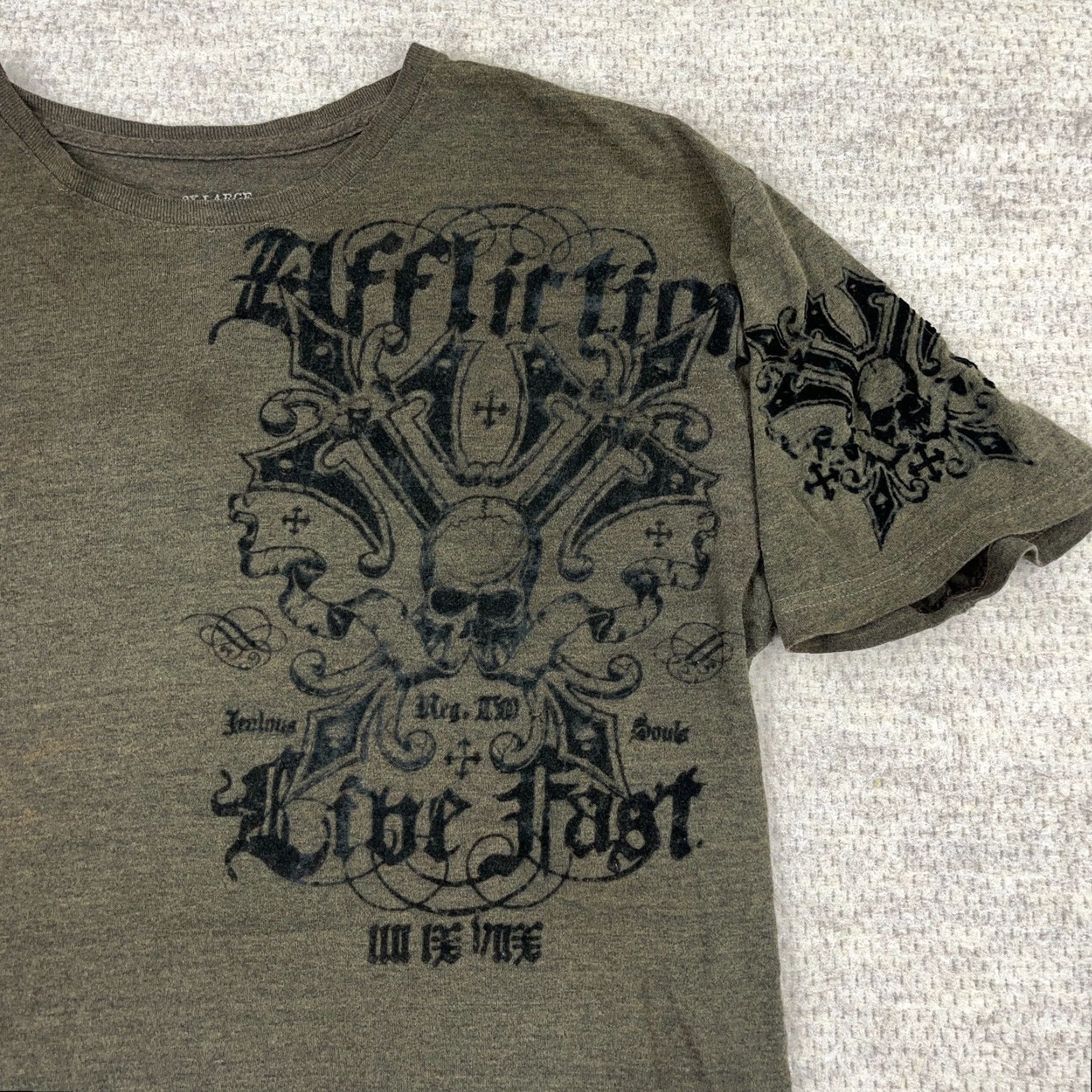 Affliction Affliction Shirt Men 2XL Olive Green Live Fast MMA Skull Wings Retro Faded Tee Size US XXL / EU 58 / 5 - 4 Thumbnail
