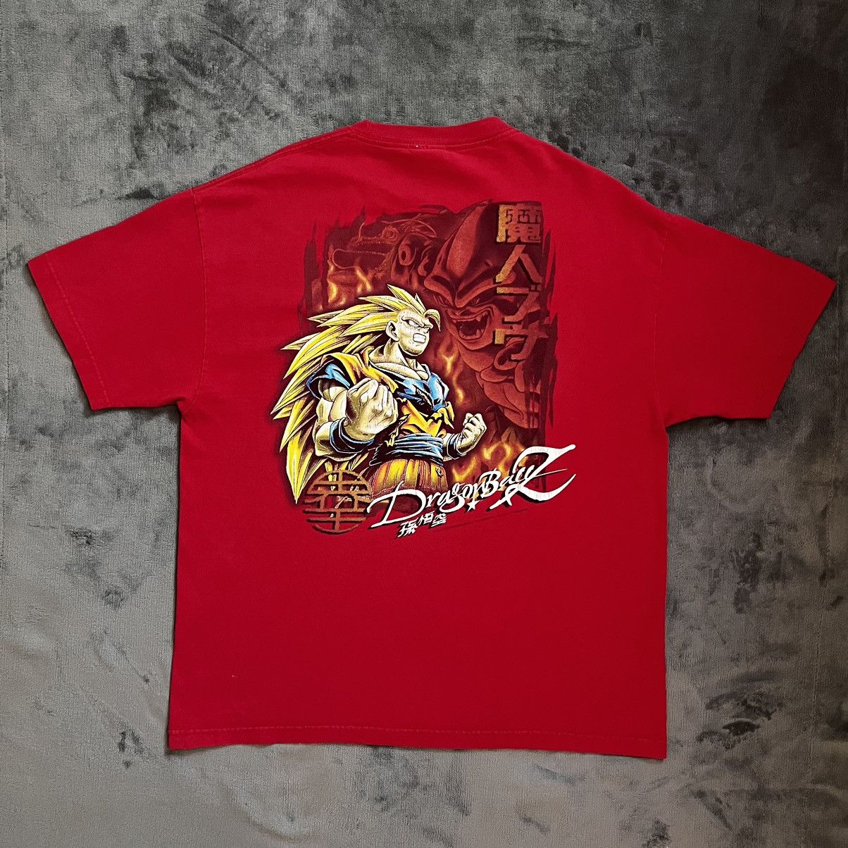 image of Vintage Y2K Dragon Ball Z Dbz Ssj3 Goku Vs Kid Buu Tee in Red (Size XL)