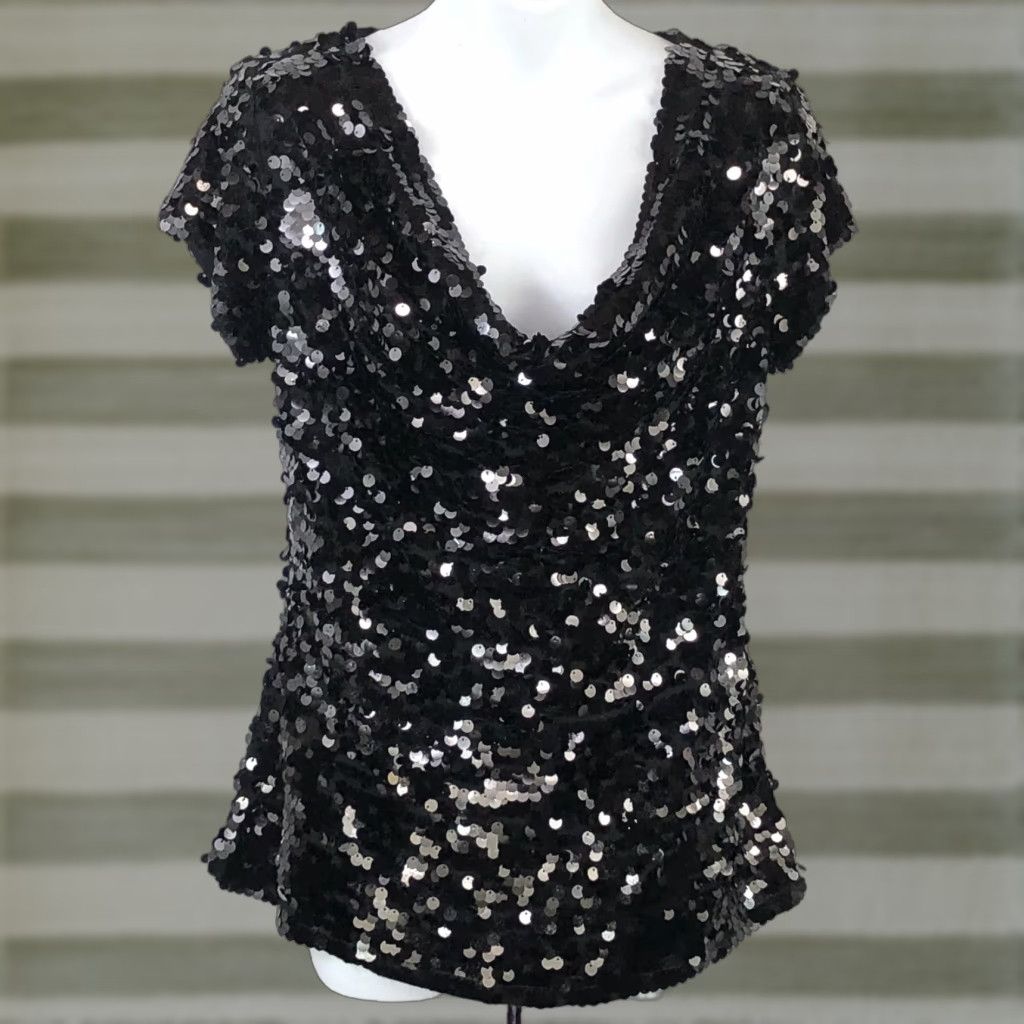 Incu INC Blouse Shirt Womens M Black Sequin Draped Cowl Neck Evening Party Deco Cocktail Vintage: No Size M / US 6-8 / IT 42-44 - 1 Thumbnail
