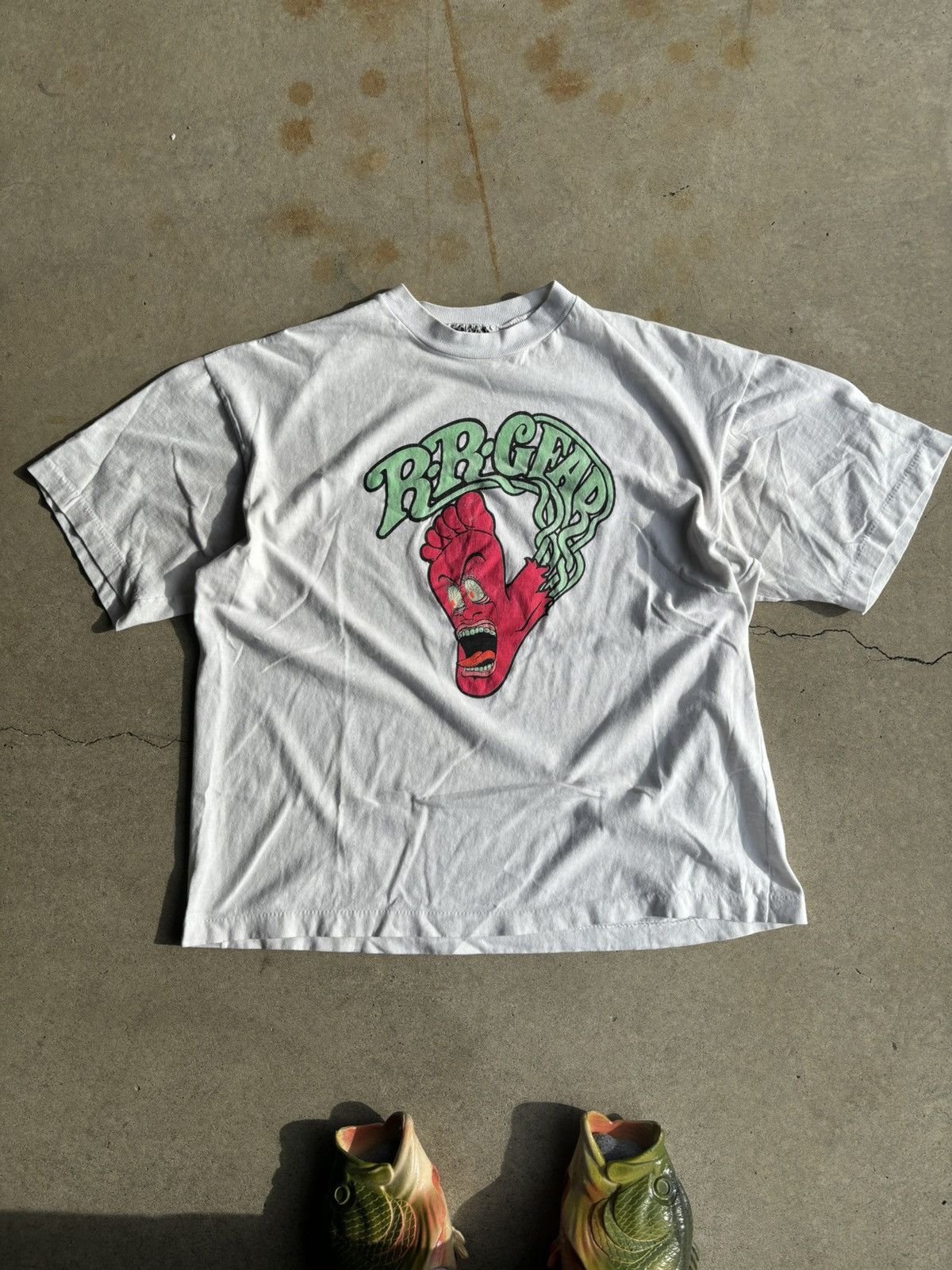 4GSELLER × Other × Vintage Crazy 90s RR Gear Neon Biker Gear Faded Foot White Tee Size US XL / EU 56 / 4 - 1 Thumbnail