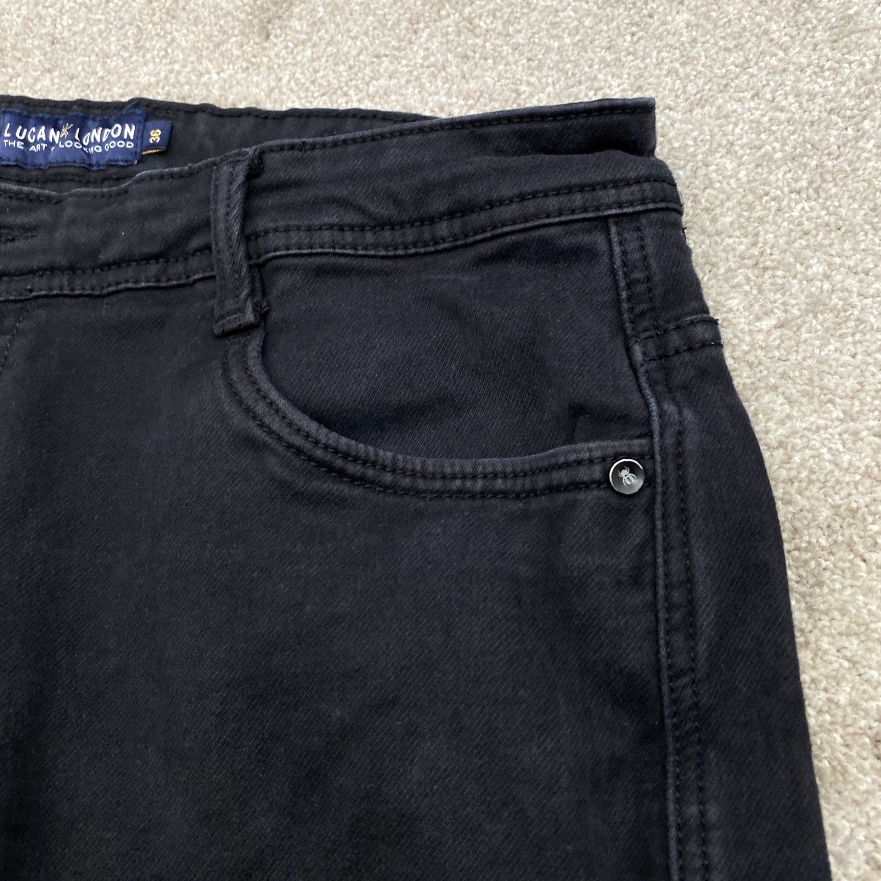 Vintage Lucan London Jeans Men's 36x28 Black Stretch Straight Leg Milano Fit 6939 - Regular Waist 36 Black Denim Cotton Spandex 5-Pocket Mens Size US 36 / EU 52 - 5 Thumbnail