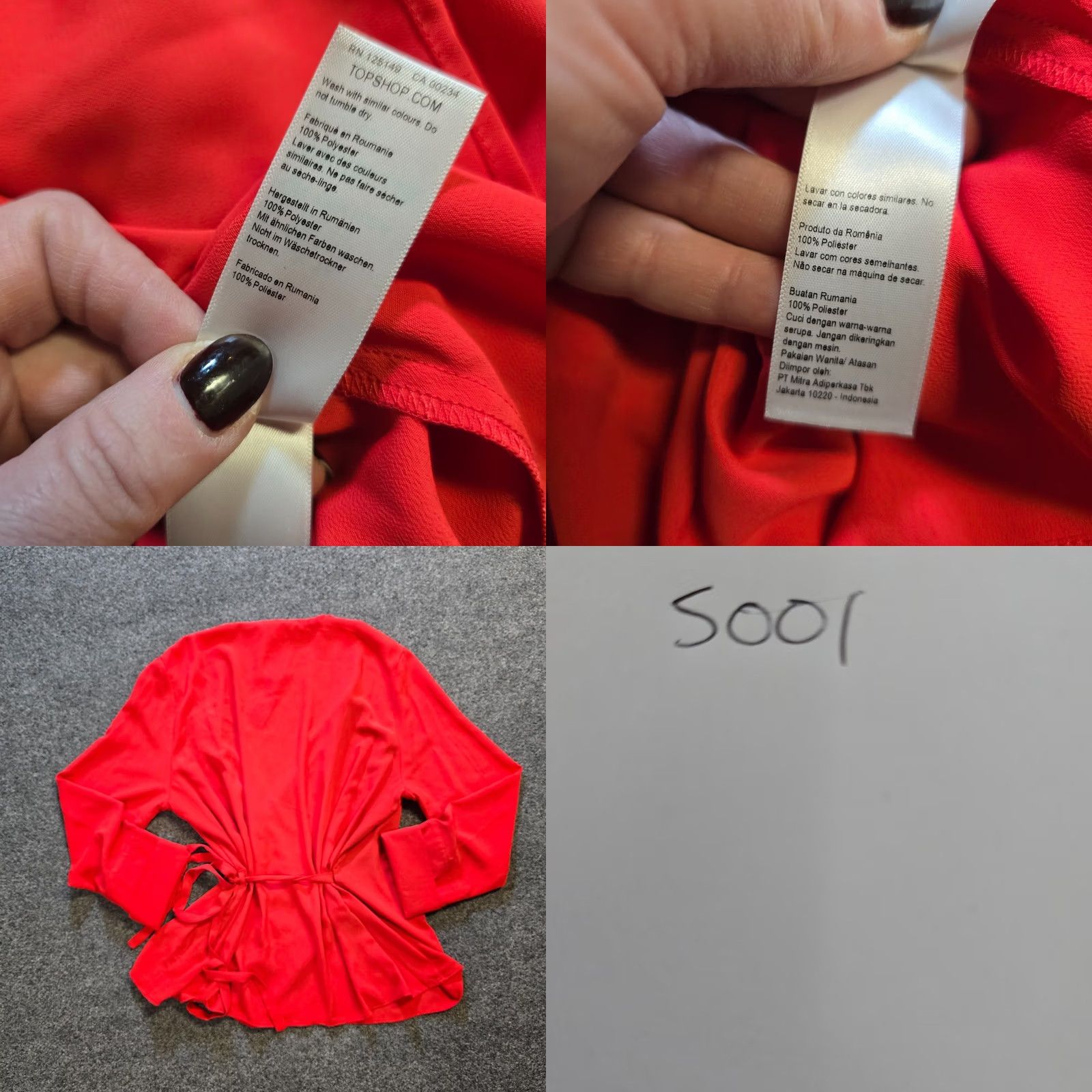 Topshop TopShop Top Womens Size 12 Red Wrap Front V Neck Long Sleeve Blouse Casual Career Shirt Woman Regular Fit Size XL / US 12-14 / IT 48-50 - 8 Thumbnail