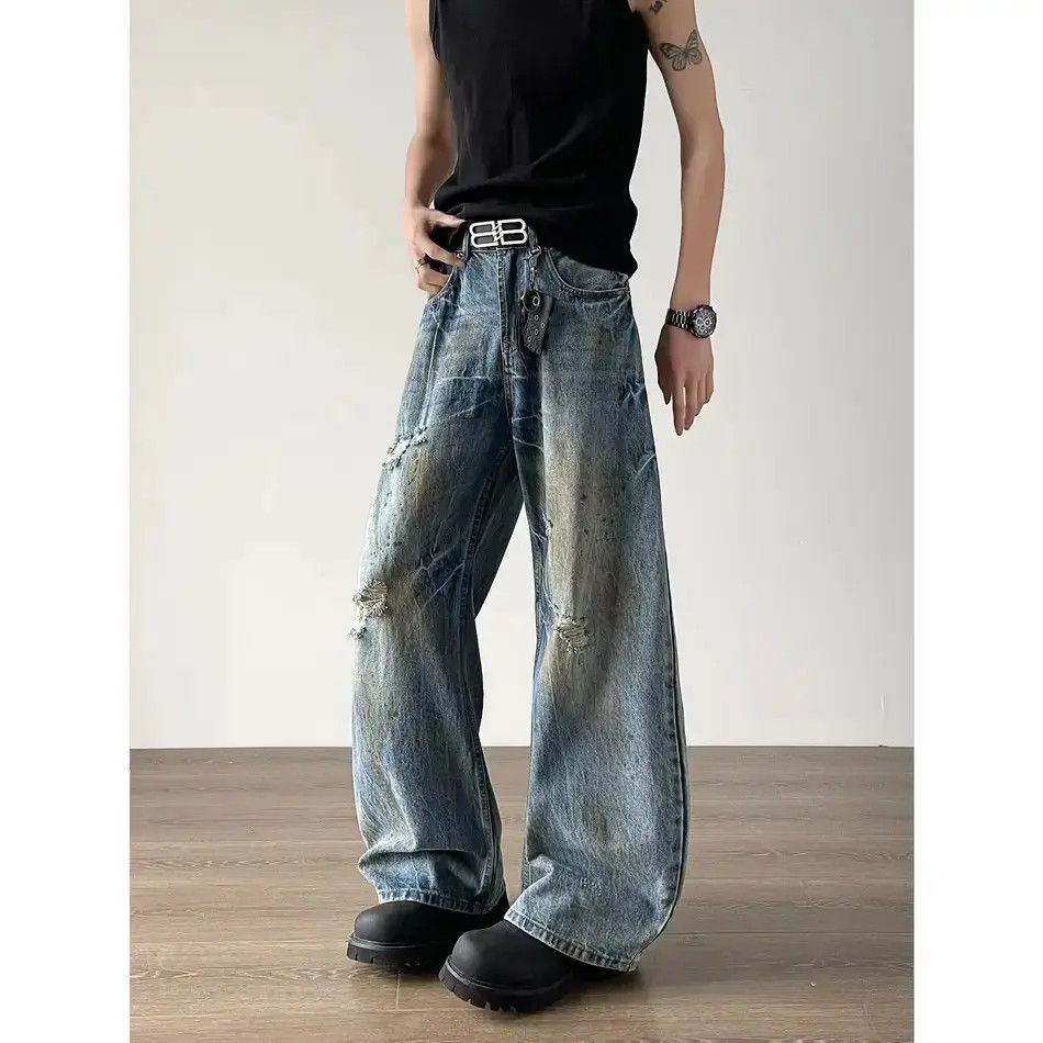 Japanese Brand Retro loose straight leg wide leg ripped jeans Size US 32 / EU 48 - 6 Thumbnail