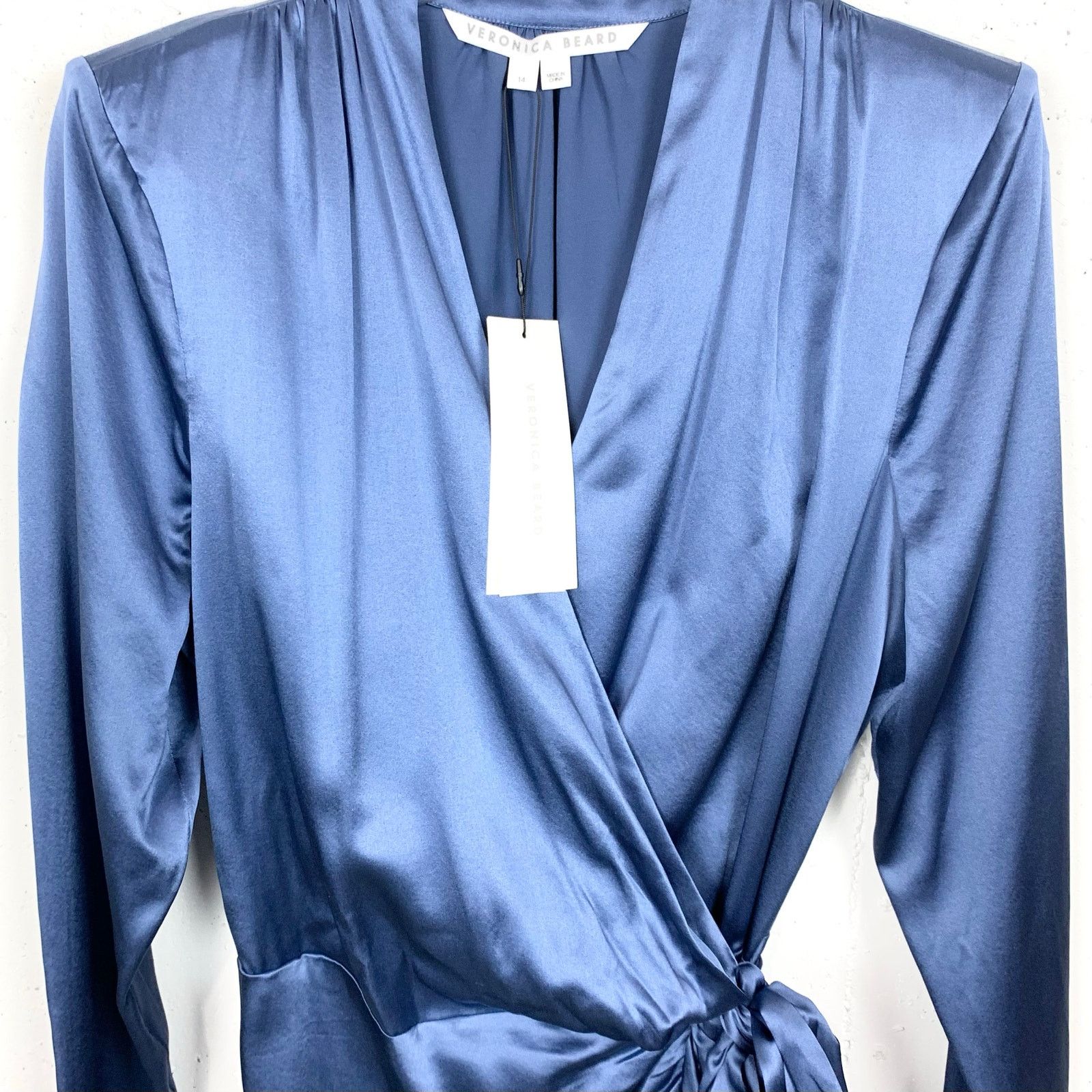 Veronica Beard Agatha Ruched Long Sleeve Silk Dress Blue 14