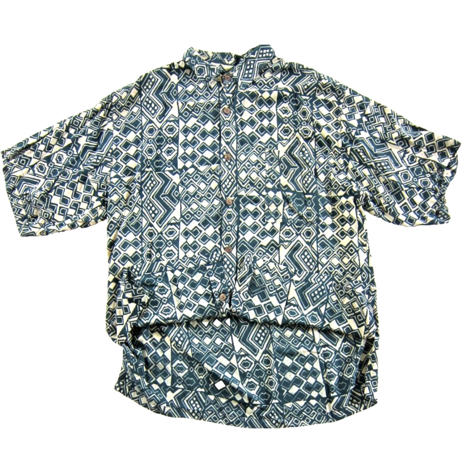 Vintage VINTAGE Noa Noa Shirt Men XL Geometric Short Sleeve Hawaiian Rayon Blue Ivory Button-Up Size US XL / EU 56 / 4 - 5 Thumbnail