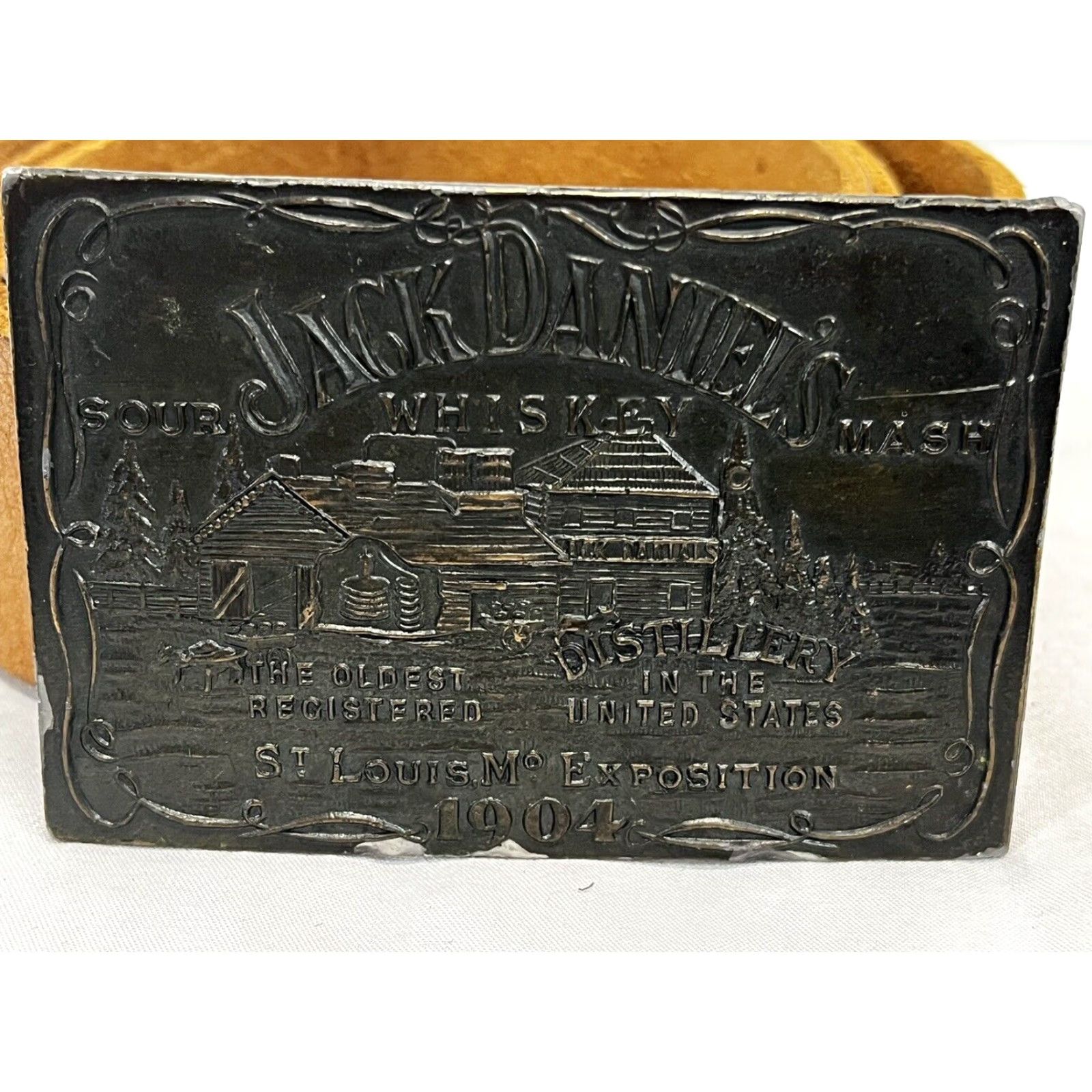 Vintage Mens Leather Belt, Jack Daniels Buckle, Brown, 36-40", Brown Leather Belt Mens Size ONE SIZE - 3 Thumbnail