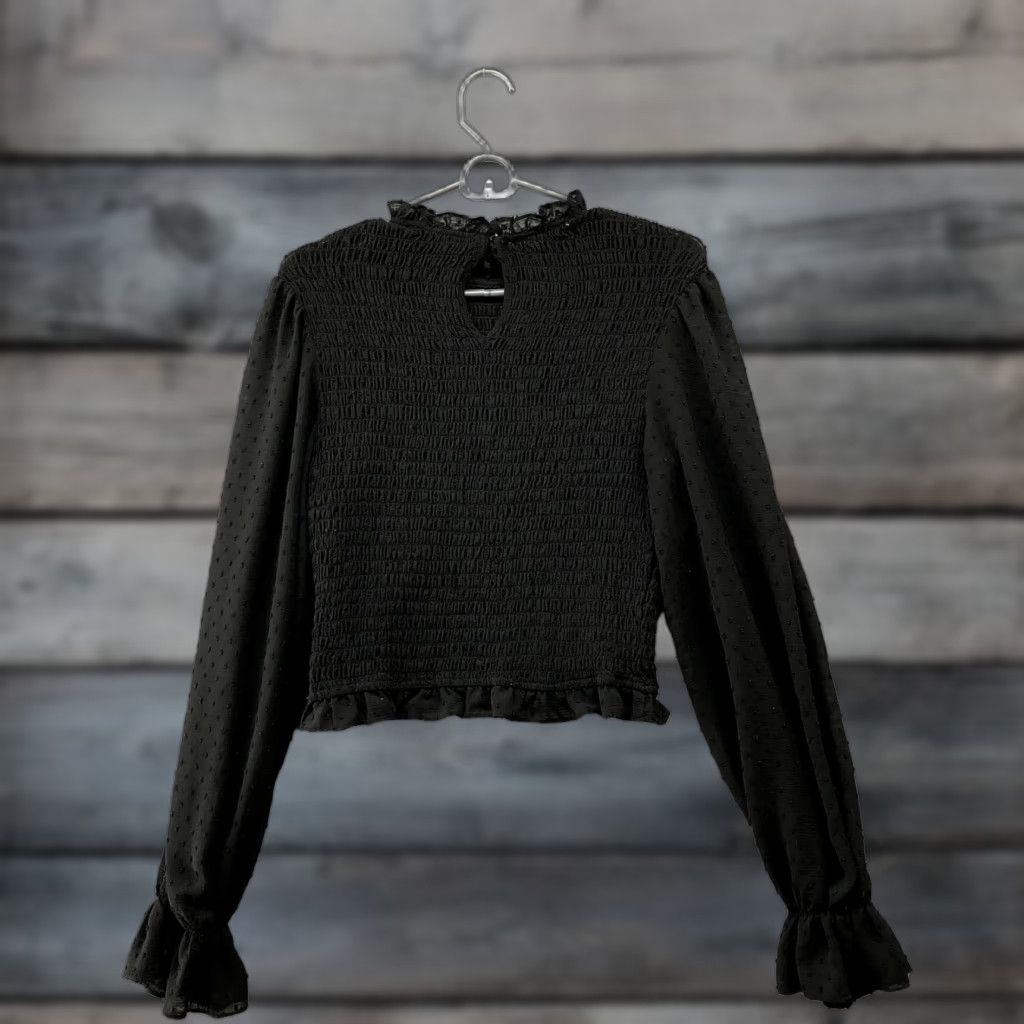 Vintage DO+BE Smocked Chiffon Top Womens M Black Balloon Sleeve Swiss Dot Shirt Blouse Crew Neck Casual Long Sleeve Pattern: Solid) Size M / US 6-8 / IT 42-44 - 1 Thumbnail