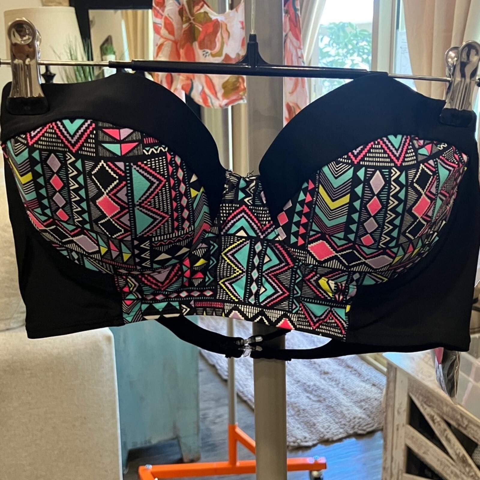 Other Hula Honey Black Bustier Bra with Pink and Teal Tribal Print Size ONE SIZE - 1 Thumbnail
