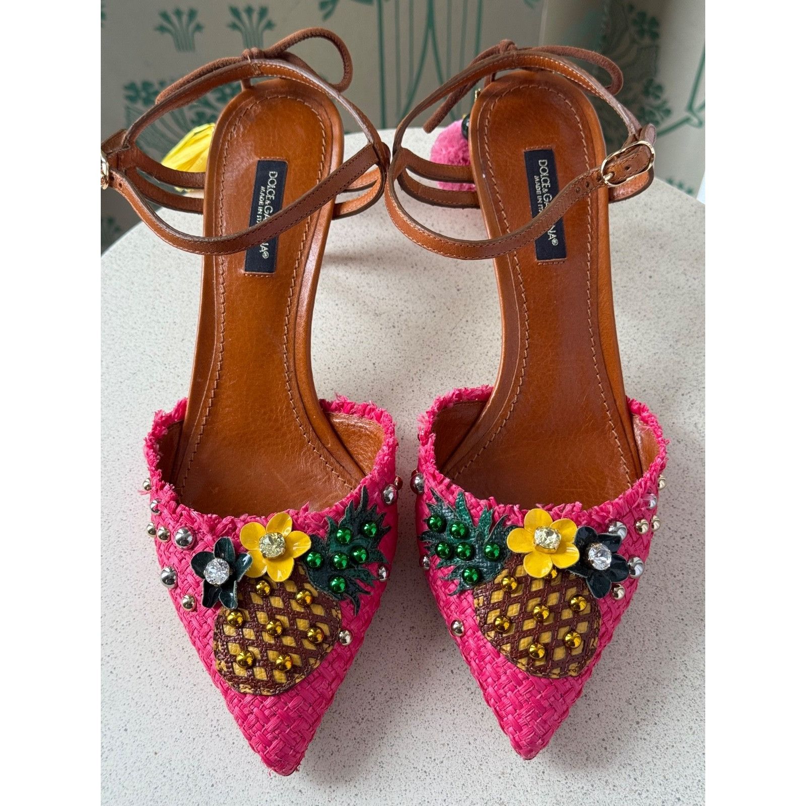 Dolce & Gabbana DOLCE & GABBANA Shoes Pink Pineapple Bellucci Kitten Heels Size US 7.5 / IT 37.5 - 15 Thumbnail