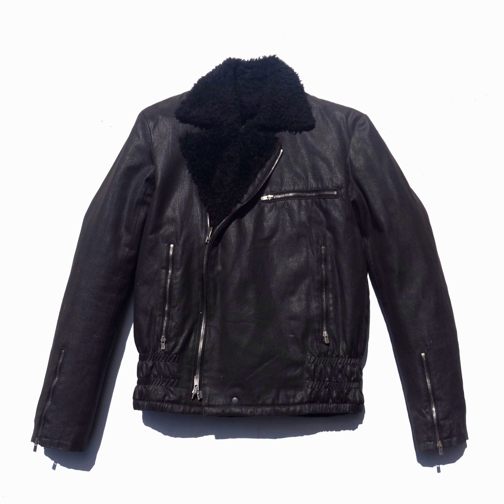 image of Attachment x N Hoolywood N. Hoolywood Waxed Fur Biker Jacket in Black Wax, Men's (Size Small)