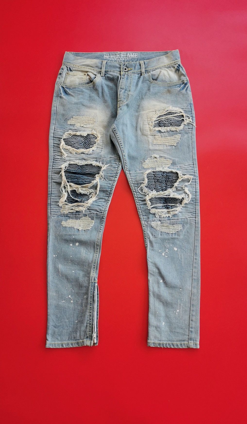 Seditionaries Black Flame Patchwork Distressed Zipper Biker Jeans Size US 32 / EU 48 - 1 Thumbnail