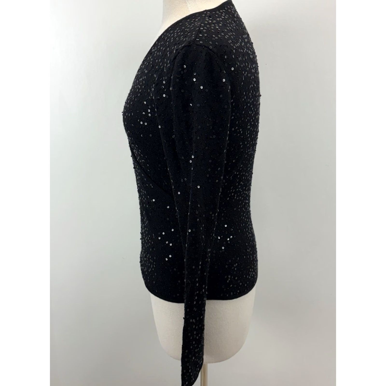 Vintage Lafayette 148 Wool Sequin Faux Wrap Sweater Women’s M Black Stretch Evening Size M / US 6-8 / IT 42-44 - 2 Thumbnail