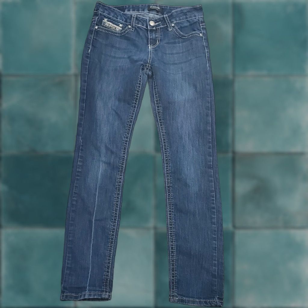 Vintage ZCO Jeans Premium Jeans Juniors 5 Blue Med Wash Low Rise Embroidered Pockets Rhinestone Bling Skinny 5-Pocket Design 90s Womens Size 27" / US 4 / IT 40 - 1 Thumbnail