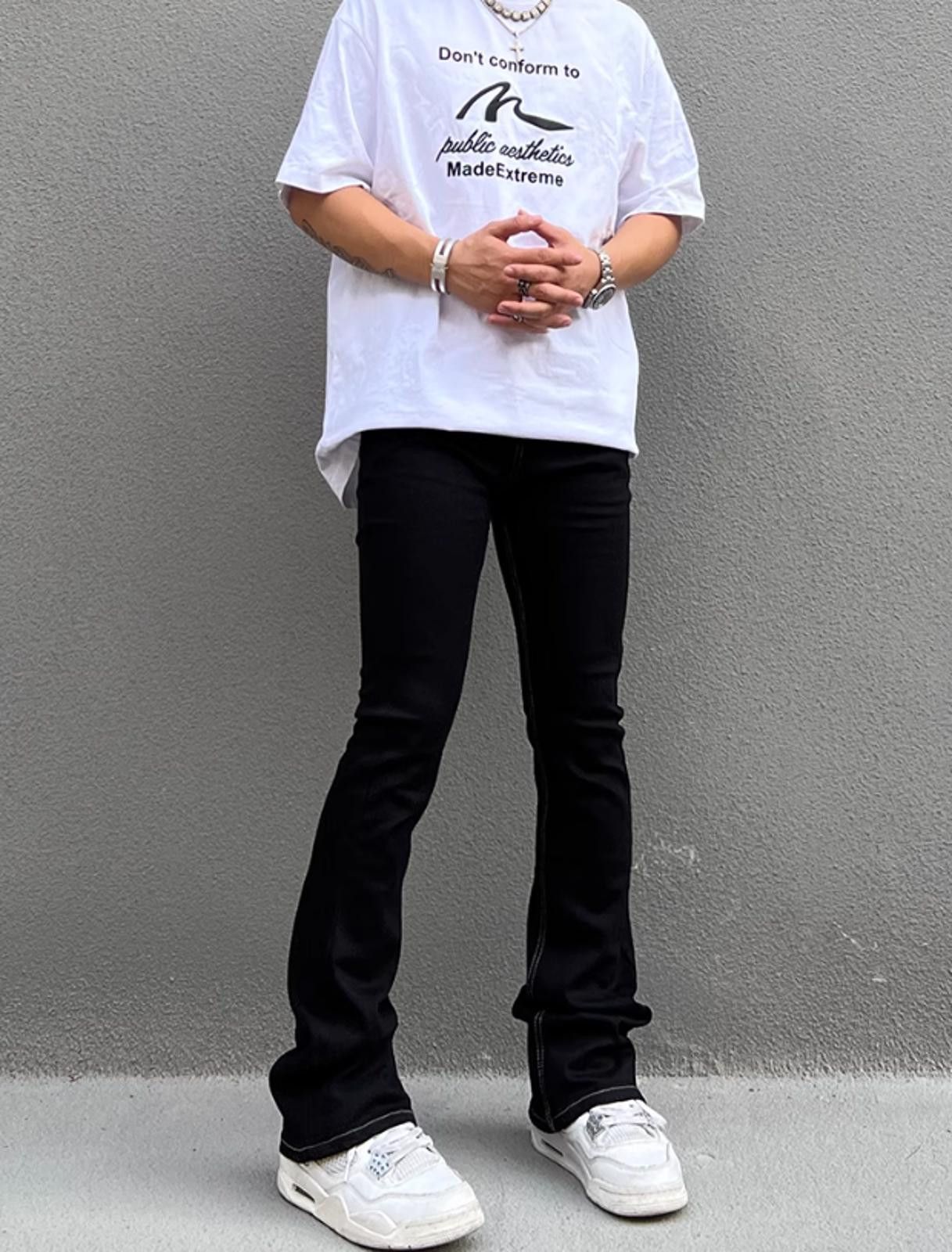 Japanese Brand Skinny Stacked Flare Black Jeans with White Stitching Size US 32 / EU 48 - 3 Thumbnail