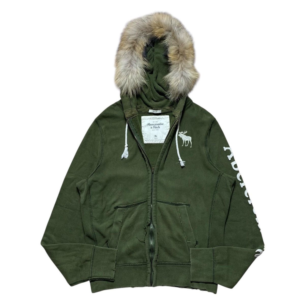 Japanese Brand Abercrombie Olive Green Fur Zipper Hoodie Distressed Size US XL / EU 56 / 4 - 1 Thumbnail