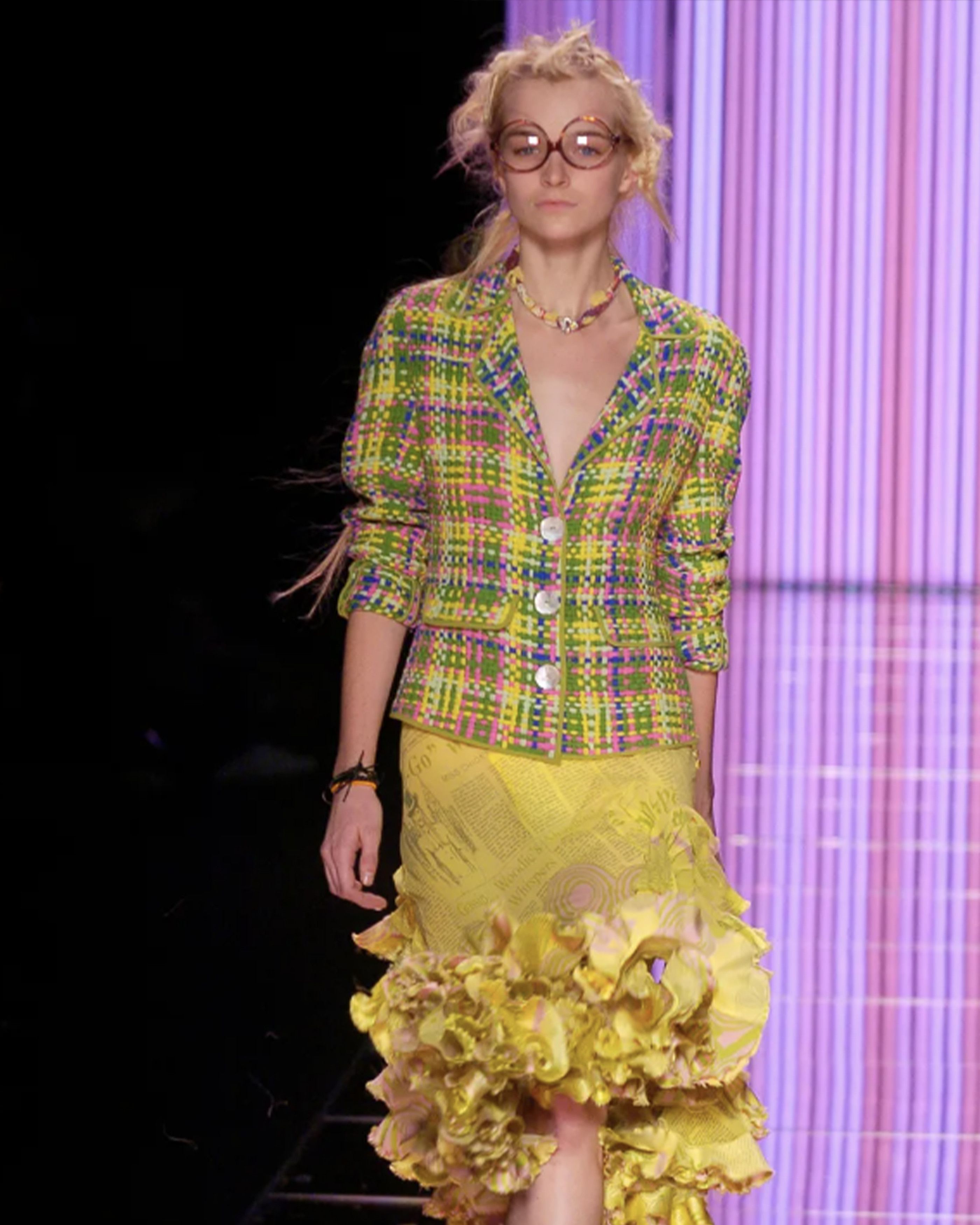 John Galliano Spring 2005 Chequered Bondage Green and Blue Silk Jacket Size M / US 6-8 / IT 42-44 - 2 Thumbnail