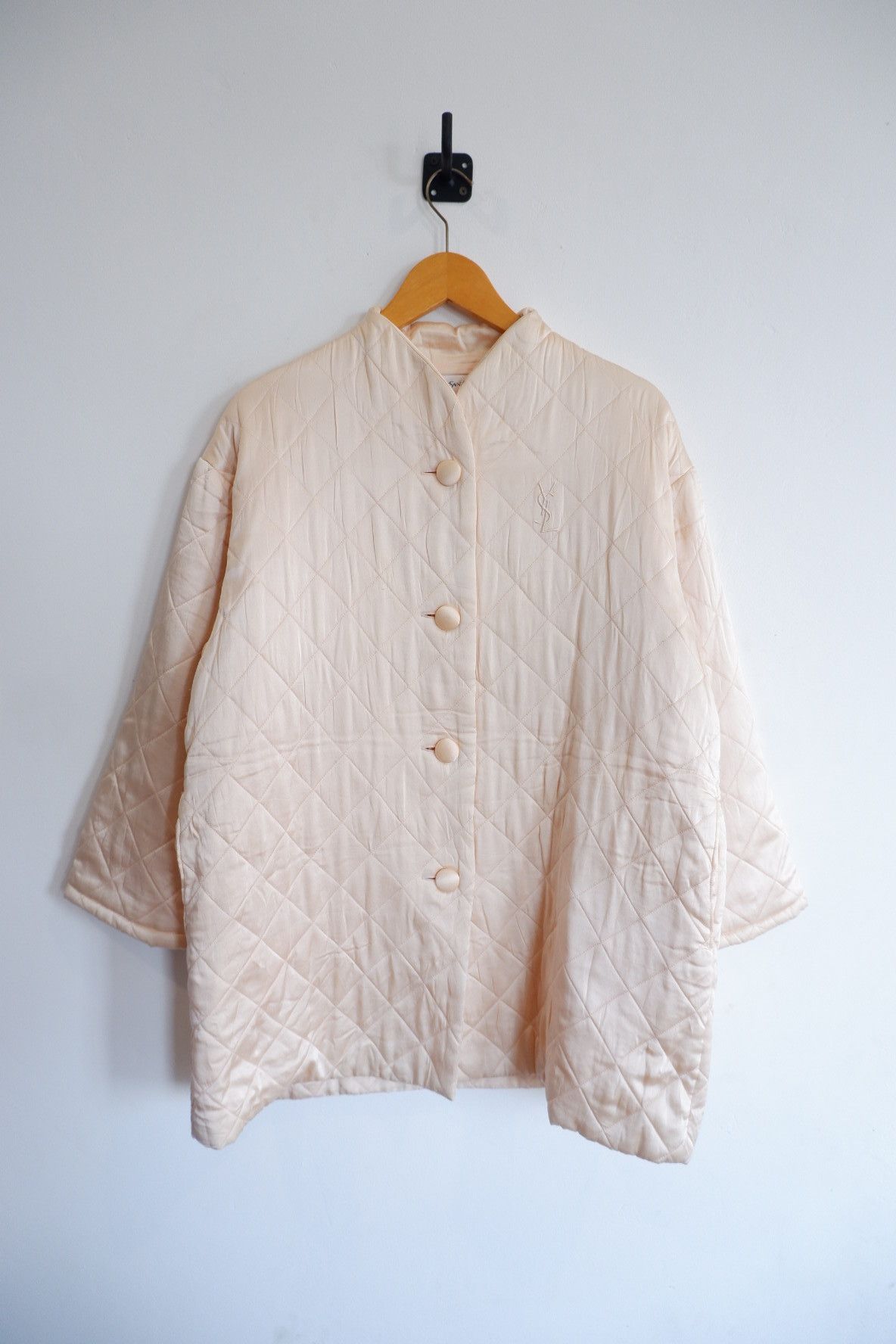 image of Vintage YSL Embroidered Logo Quilted Silk Jacket in Peach, Women's (Size Medium)