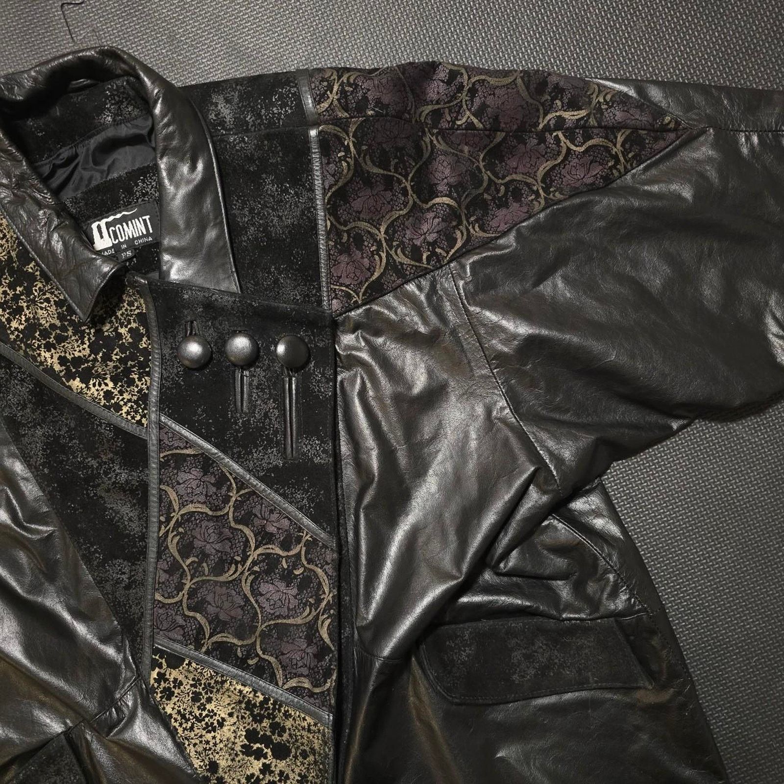 Other Vintage 90s Black 100% leather jacket with floral patchwork Size S / US 4 / IT 40 - 3 Thumbnail