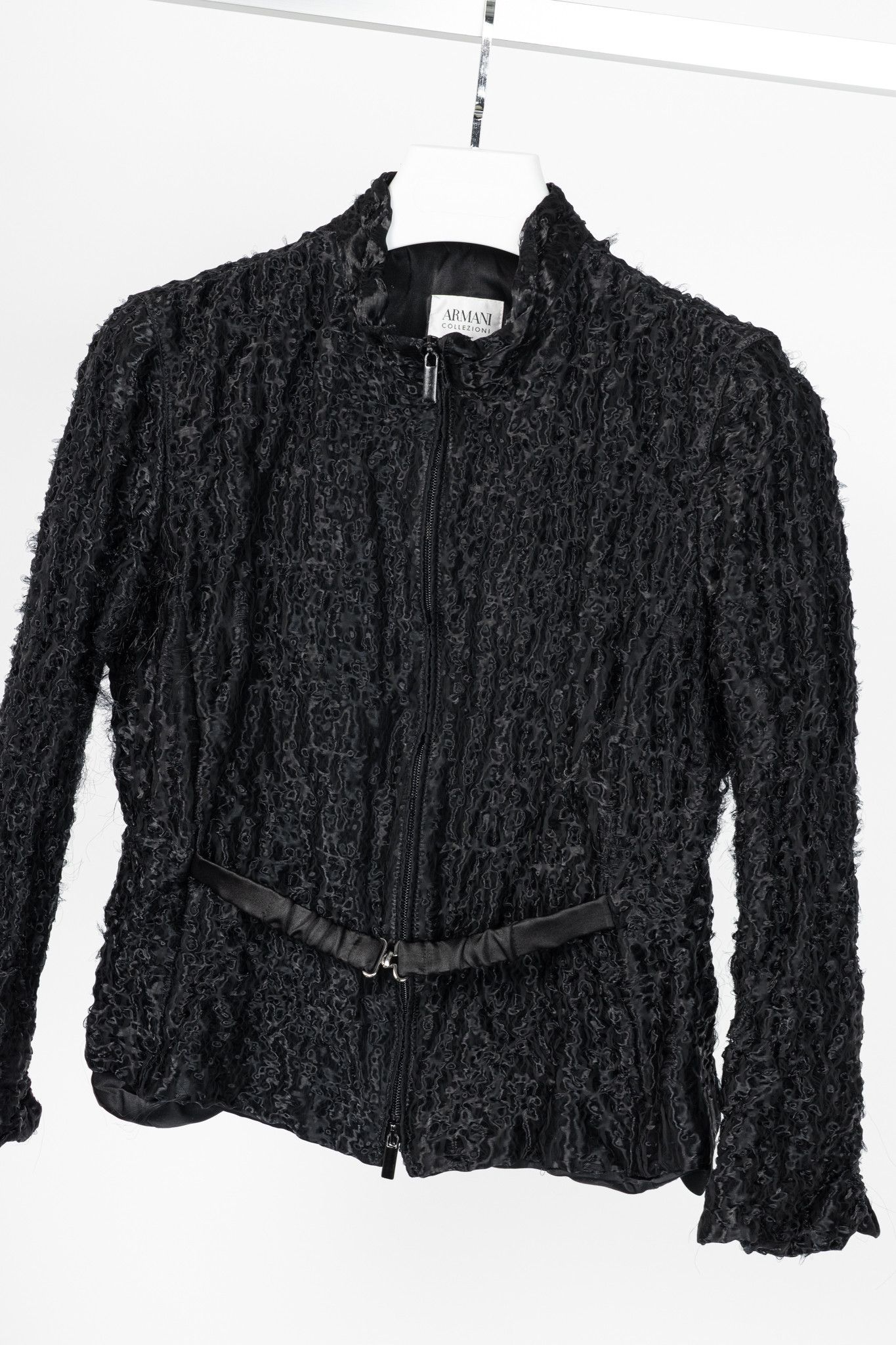 Armani Collezioni Armani Collezioni Black Puckered-Organza Belted Zip Jacket Size XL / US 12-14 / IT 48-50 - 3 Thumbnail