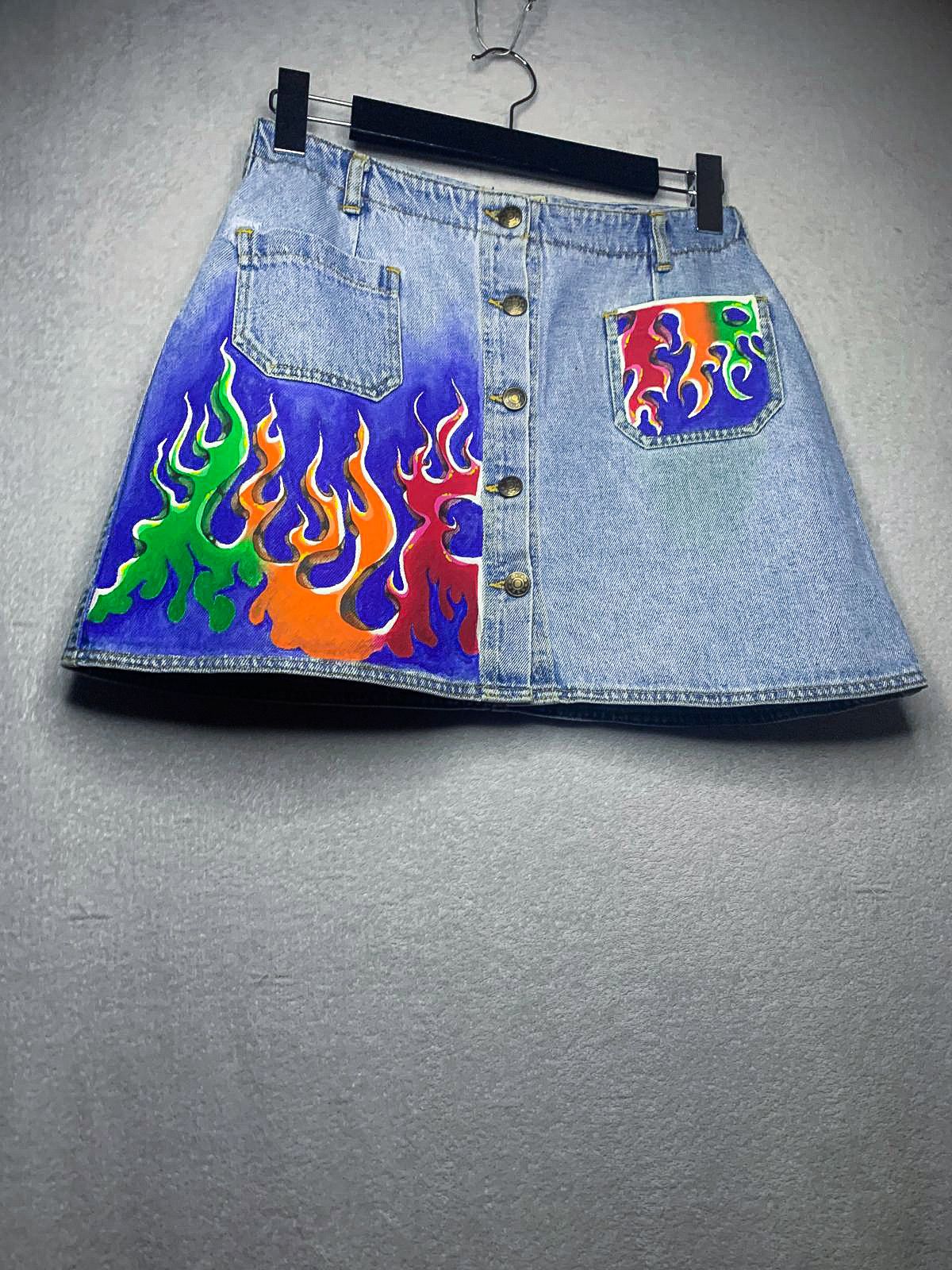 Handmade × Vintage Mini skirt fire flame art handmade Size 26" / US 2 / IT 38 - 2 Thumbnail