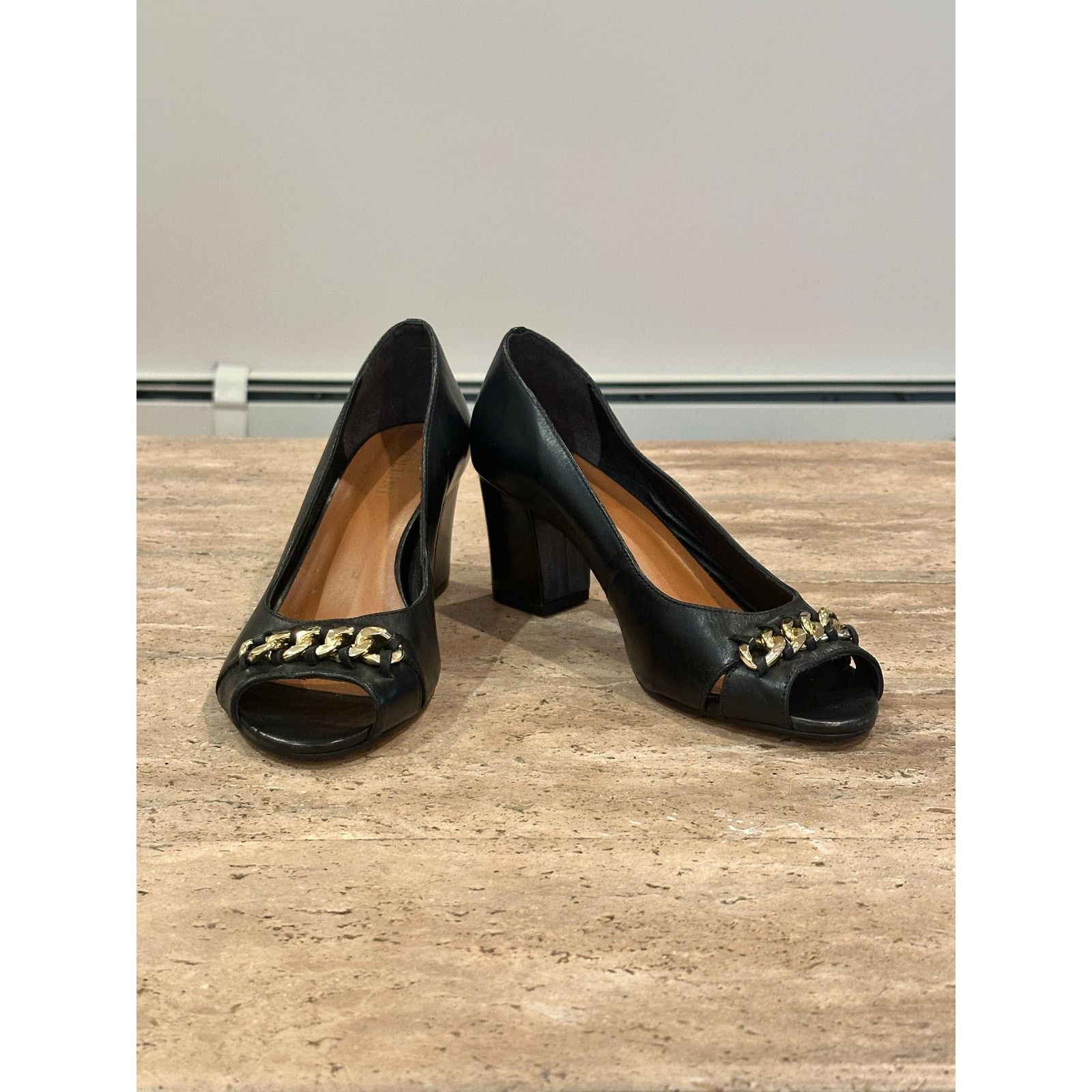 Pollini Pollini Peep Toe Block Heel Pump Black Leather size 39 / 8.5 Size US 8.5 / IT 38.5 - 4 Thumbnail