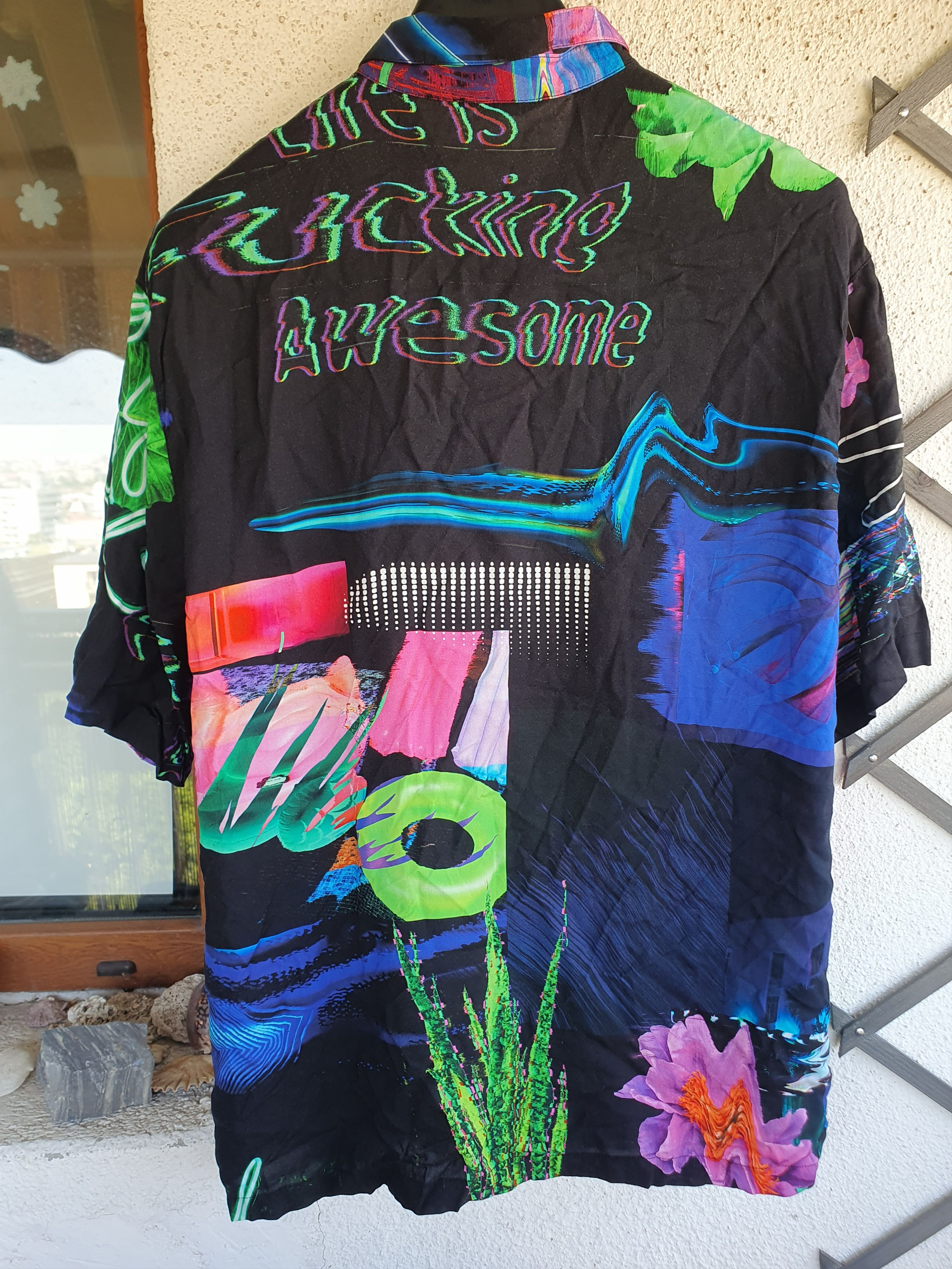 Swagger Desigual Hawaiian Shirt Life is F**** Awesome Neon sz XL Size US XL / EU 56 / 4 - 2 Thumbnail