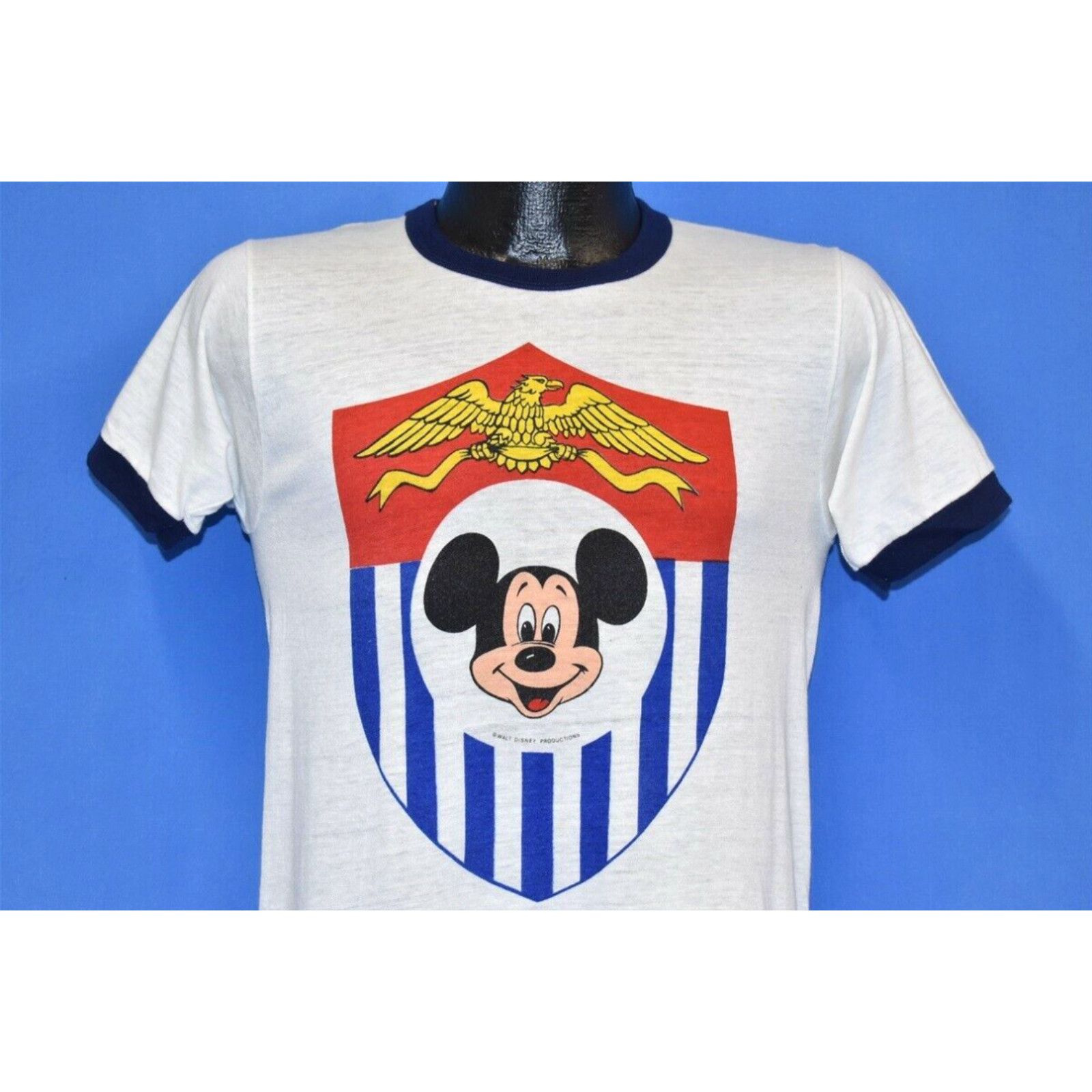 image of Vintage 80's Mickey Mouse Patriotic Shield Military Walt Disney Ringer T-Shirt S in White (Size Sma