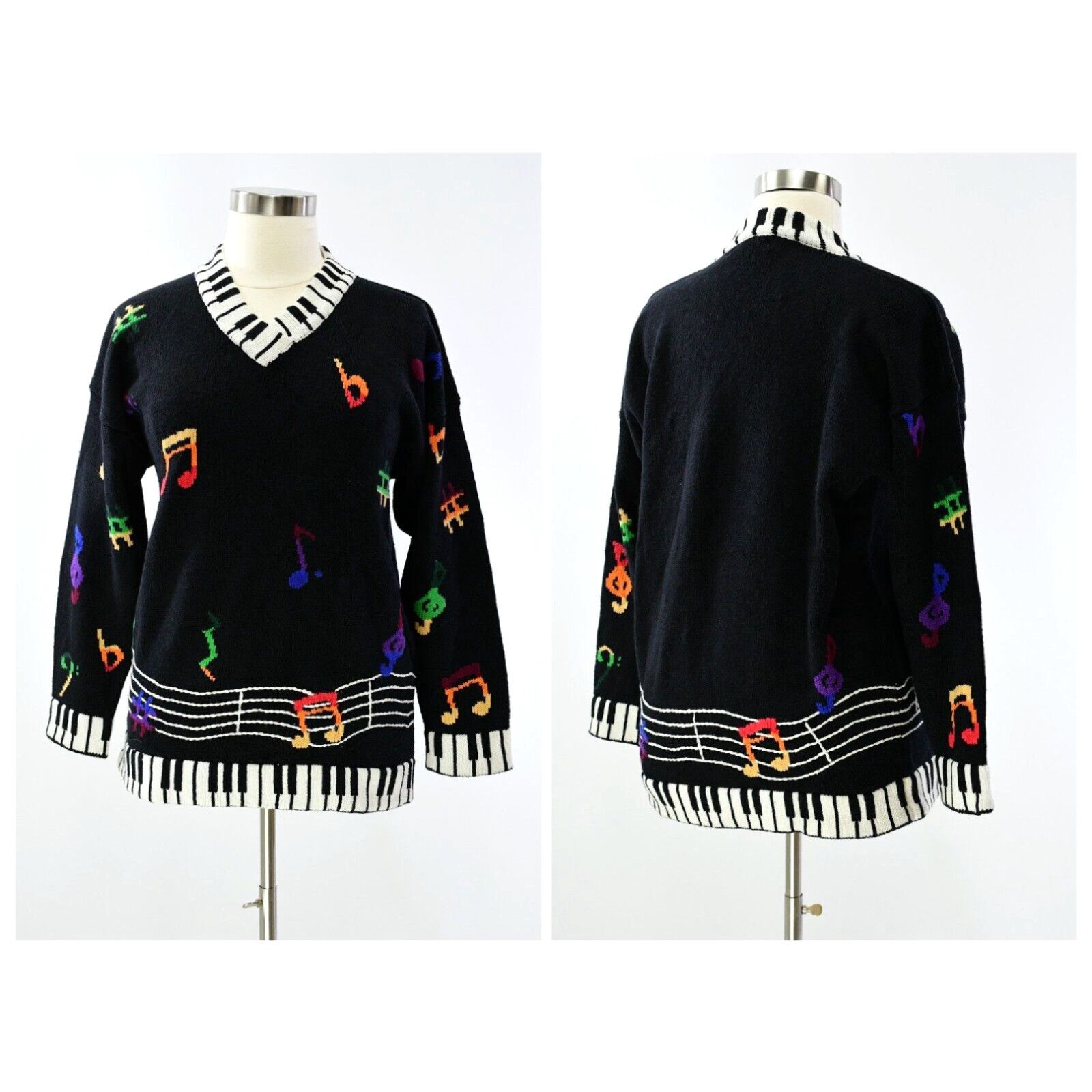 image of 90's Vintage Womens XL Albert Elovitz Novelty Sweater Musical Notes Piano Keys in White