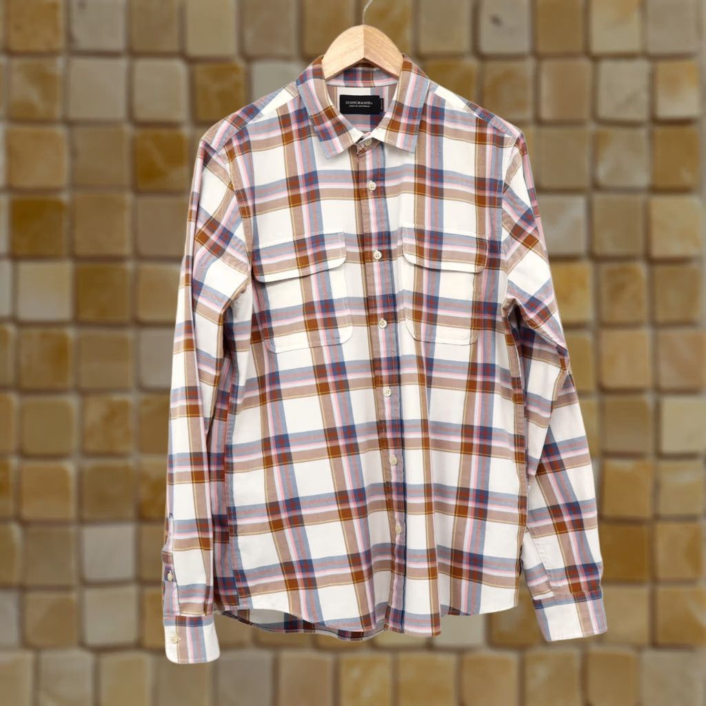 Scotch & Soda Scotch & Soda Men’s Worker Style Long Sleeve Plaid Shirt Tan/Blue/Pink Sz L Size US L / EU 52-54 / 3 - 1 Thumbnail