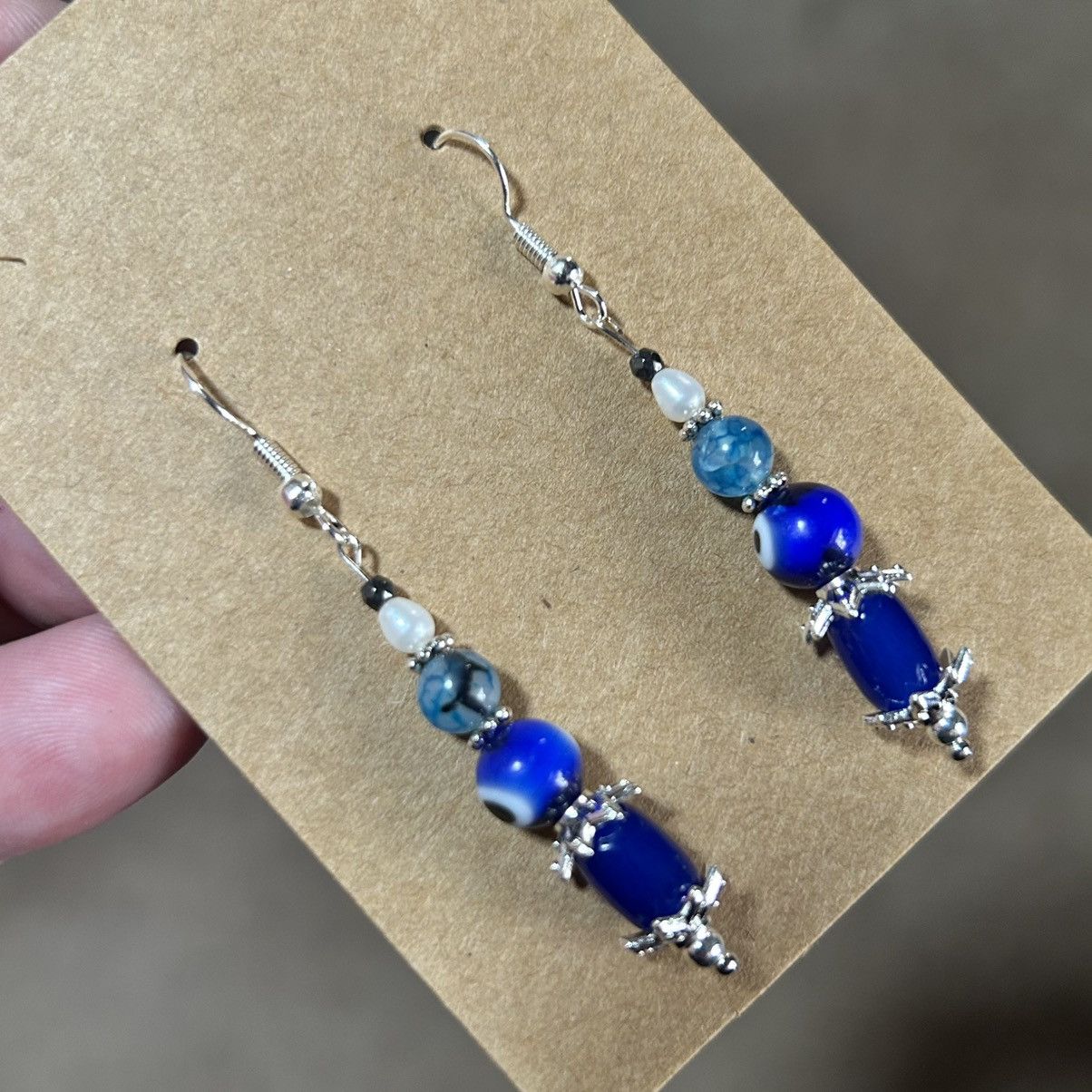 Handmade Handcrafted elegant genuine pearl dragon vein agate earrings Size ONE SIZE - 1 Thumbnail