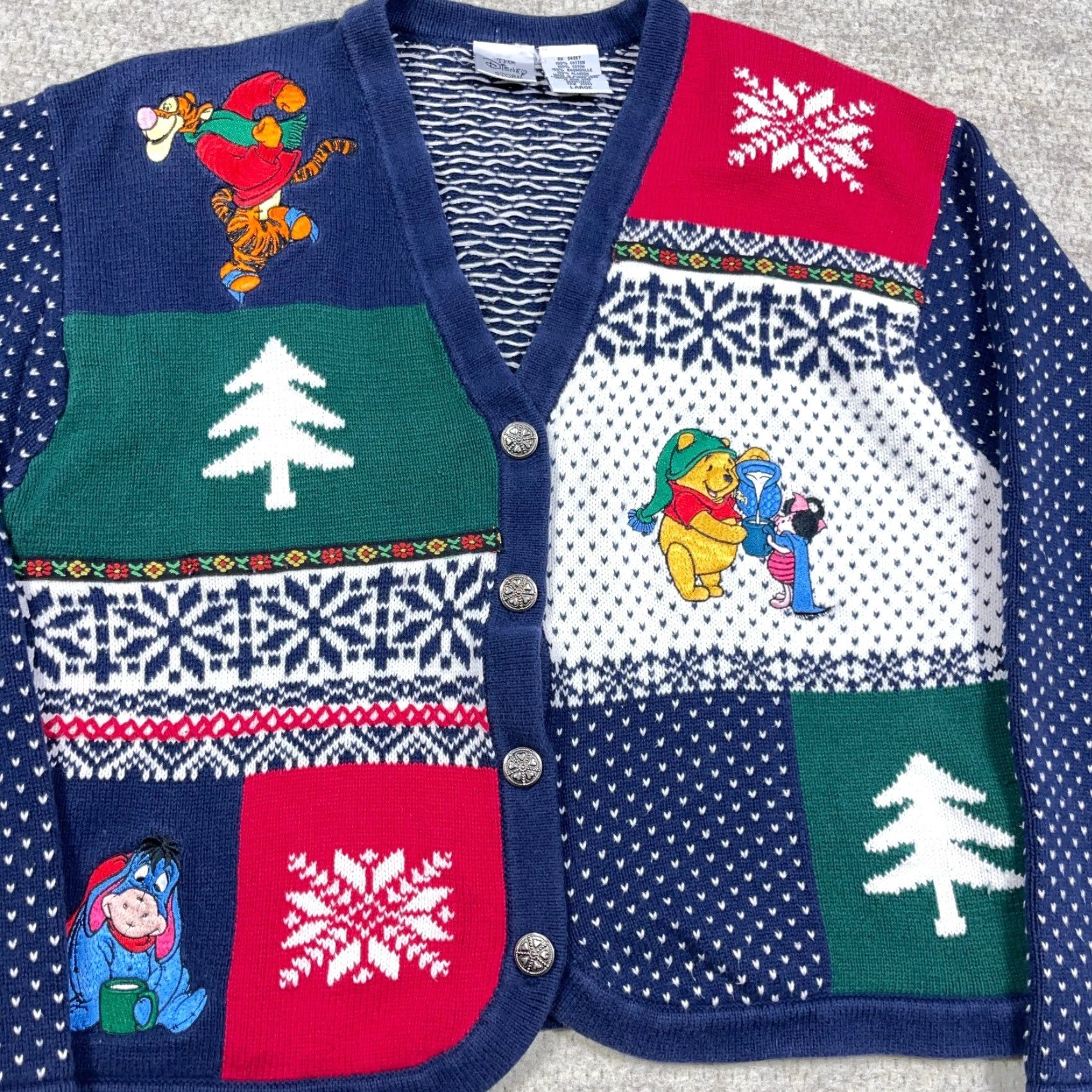 Disney VINTAGE Disney Cardigan Sweater Women L Blue Mickey Mouse Christmas Birdseye Geometric Bohemian 90s Theme Mens Womens Size L / US 10 / IT 46 - 3 Thumbnail