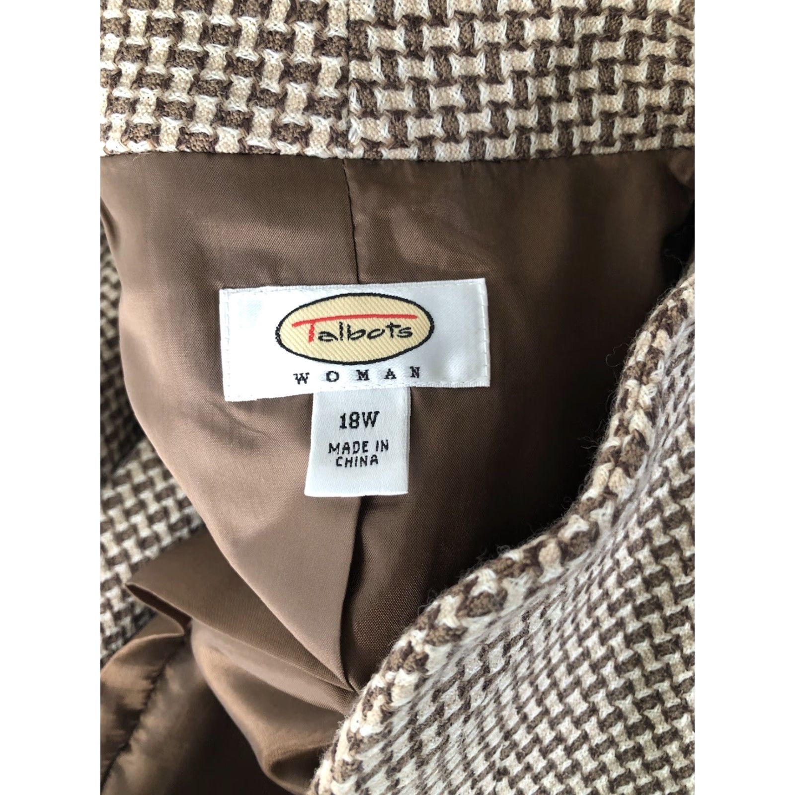 Talbots Talbots Blazer Jacket 100% Wool Brown Tan Basket Weave 18W 2-Button Mock Neck Geometric Lined Regular Plus Size Size XXL / US 16-18 / IT 52-54 - 4 Thumbnail