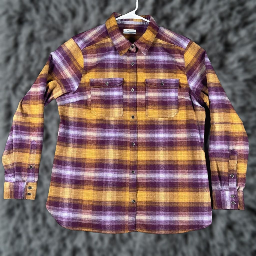 Vintage Columbia Flannel Shirt Womens XL Plaid Button-Up Long Sleeve Casual Outdoors Purple Yellow Embroidered Pockets Size XL / US 12-14 / IT 48-50 - 1 Thumbnail