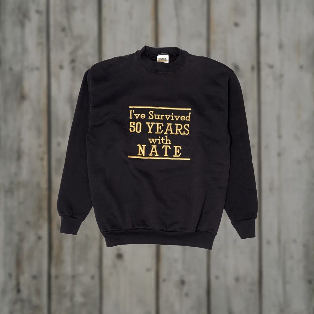 Tultex VINTAGE Embroidered "I Survived 50 Years With Nate" Tultex Raglan Sweatshirt Mens Medium Black 1990s Size US M / EU 48-50 / 2 - 1 Thumbnail