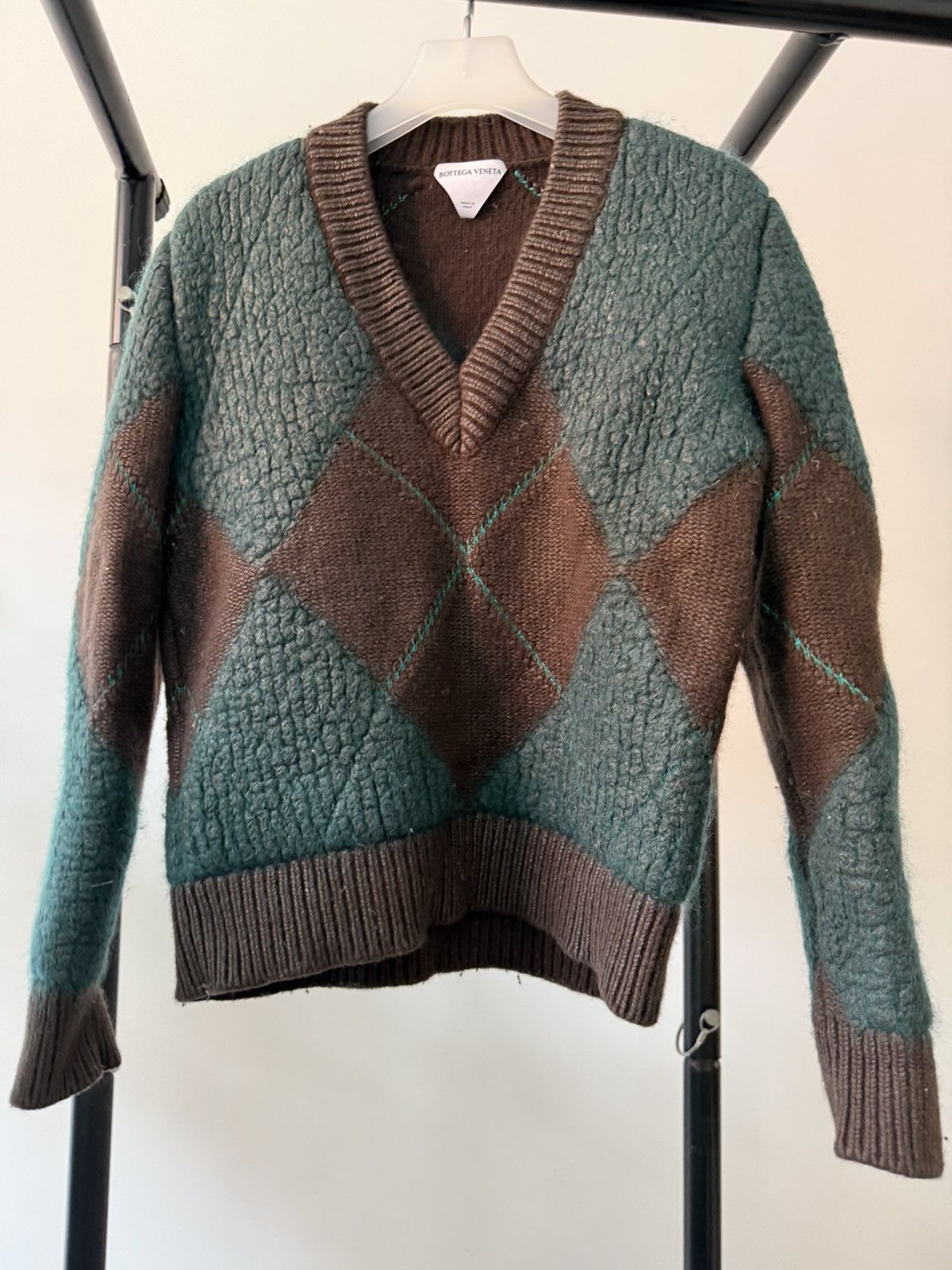Bottega Veneta Bottega Veneta Brown & Green Coated Argyle Sweater Size US S / EU 44-46 / 1 - 1 Thumbnail