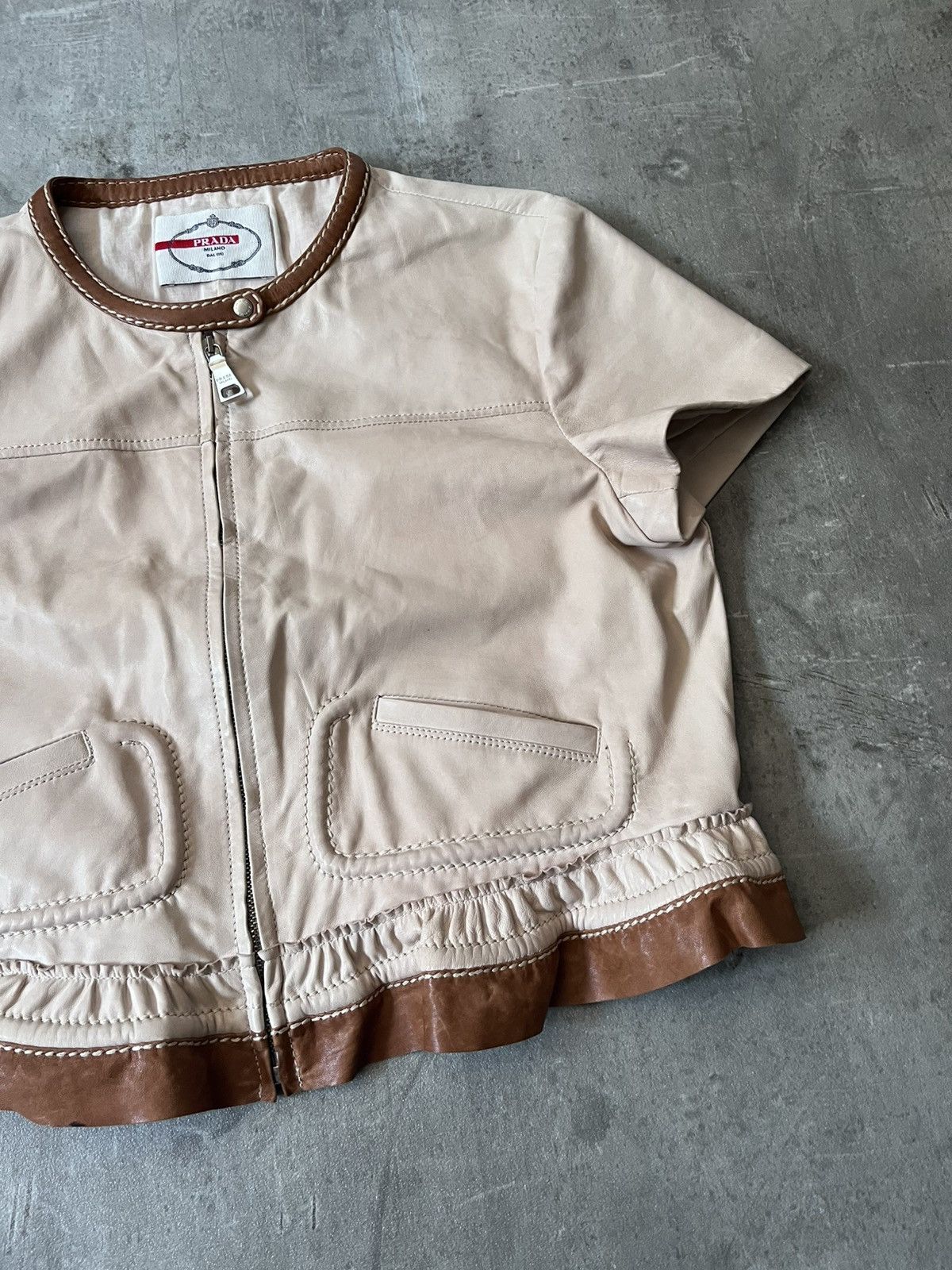 Prada Prada beige brown short leather crop jacket Size L / US 10 / IT 46 - 3 Thumbnail