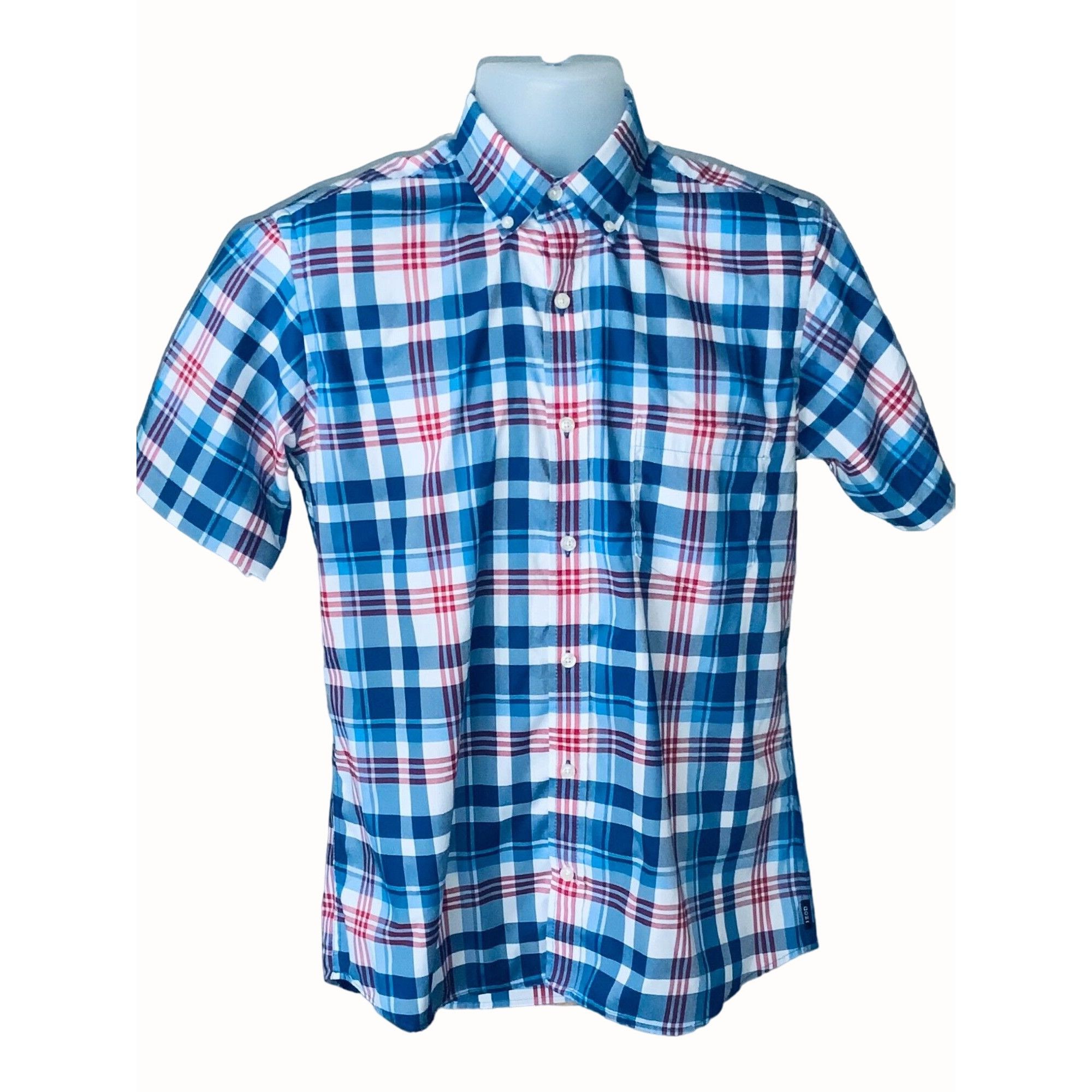 Izod Izod Mens Blue White Red Plaid Short Sleeve Button Down Poly Size US S / EU 44-46 / 1 - 5 Thumbnail