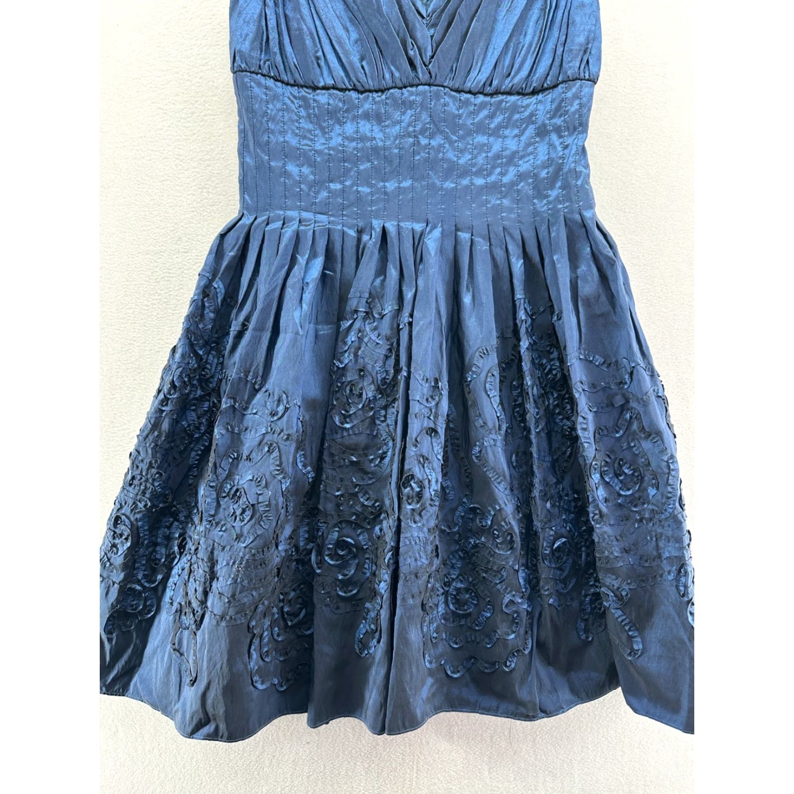 Vintage Suzi Chin Fit & Flare Dress Blue Women's 8P Sleeveless V-Neck Midi Cocktail Party Formal Petite Size M / US 6-8 / IT 42-44 - 5 Thumbnail