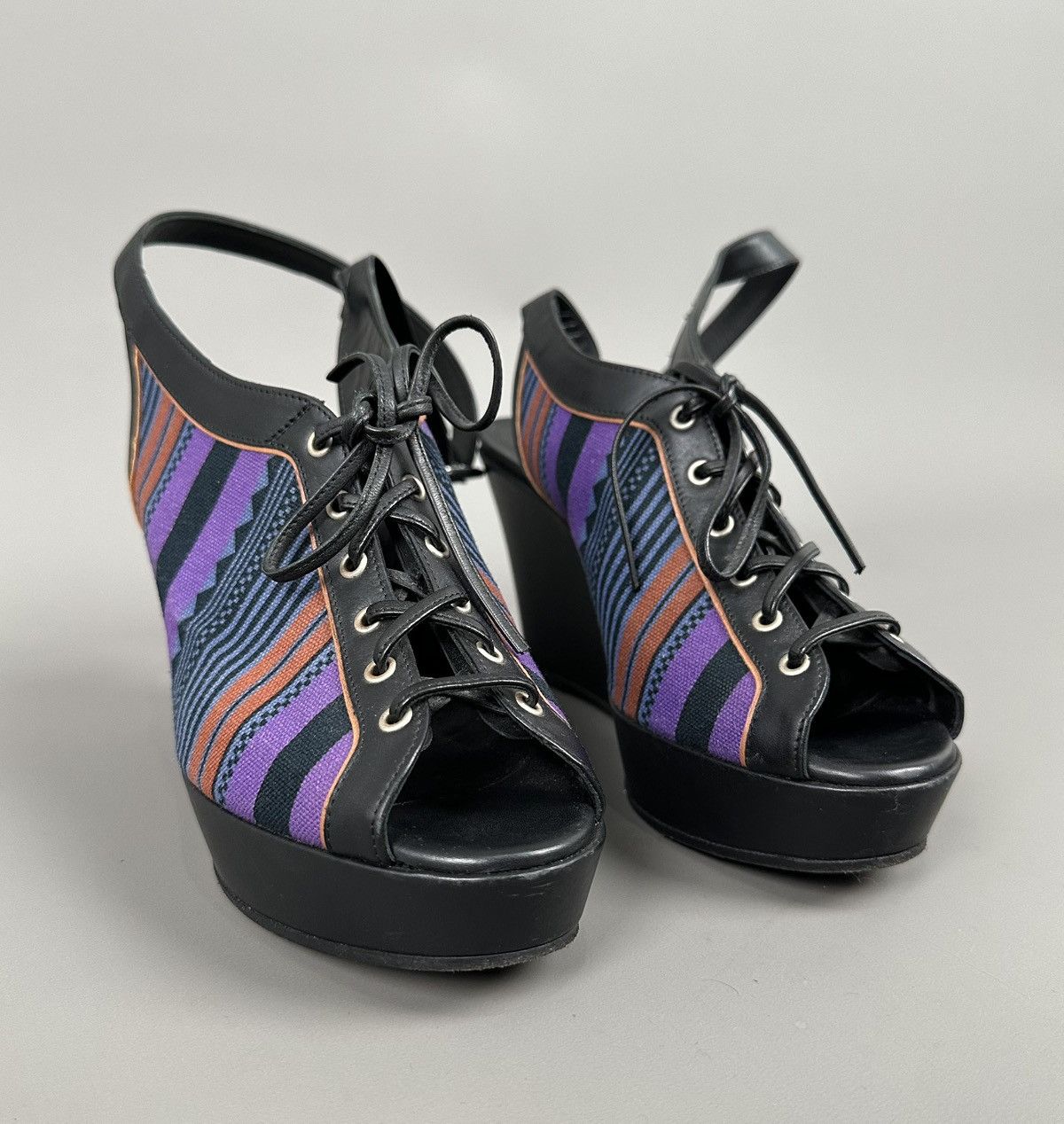 Hermes Hermes - Toile Aztec Pattern Galla Laced-Up Heel Multicolor Size US 7 / IT 37 - 1 Thumbnail