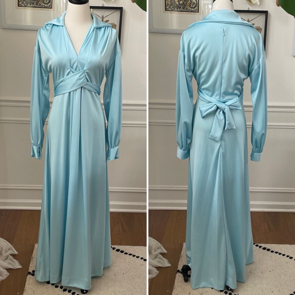 image of Vintage 70's Long Sleeve Baby Blue Formal Gown Dress Prom M, Women's (Size Medium)
