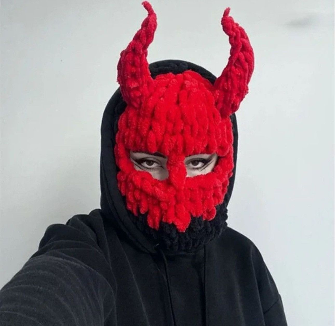 Handmade × Japanese Brand Devil balaclava with horns . Scull ski mask . Knitt mask Size ONE SIZE - 3 Thumbnail