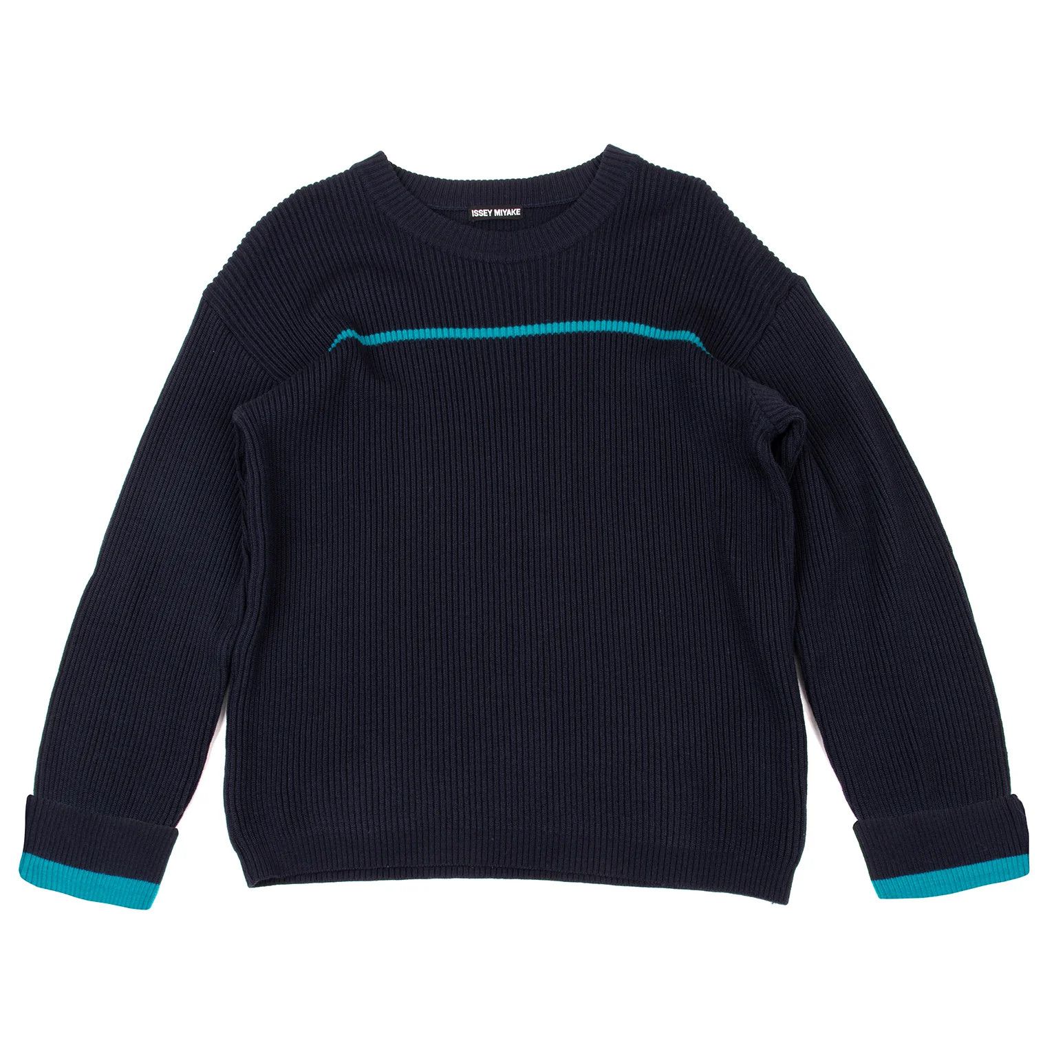 Issey Miyake Wool Ribbed Knit Sweater in Navy and Light Blue, Size M Size US M / EU 48-50 / 2 - 1 Thumbnail
