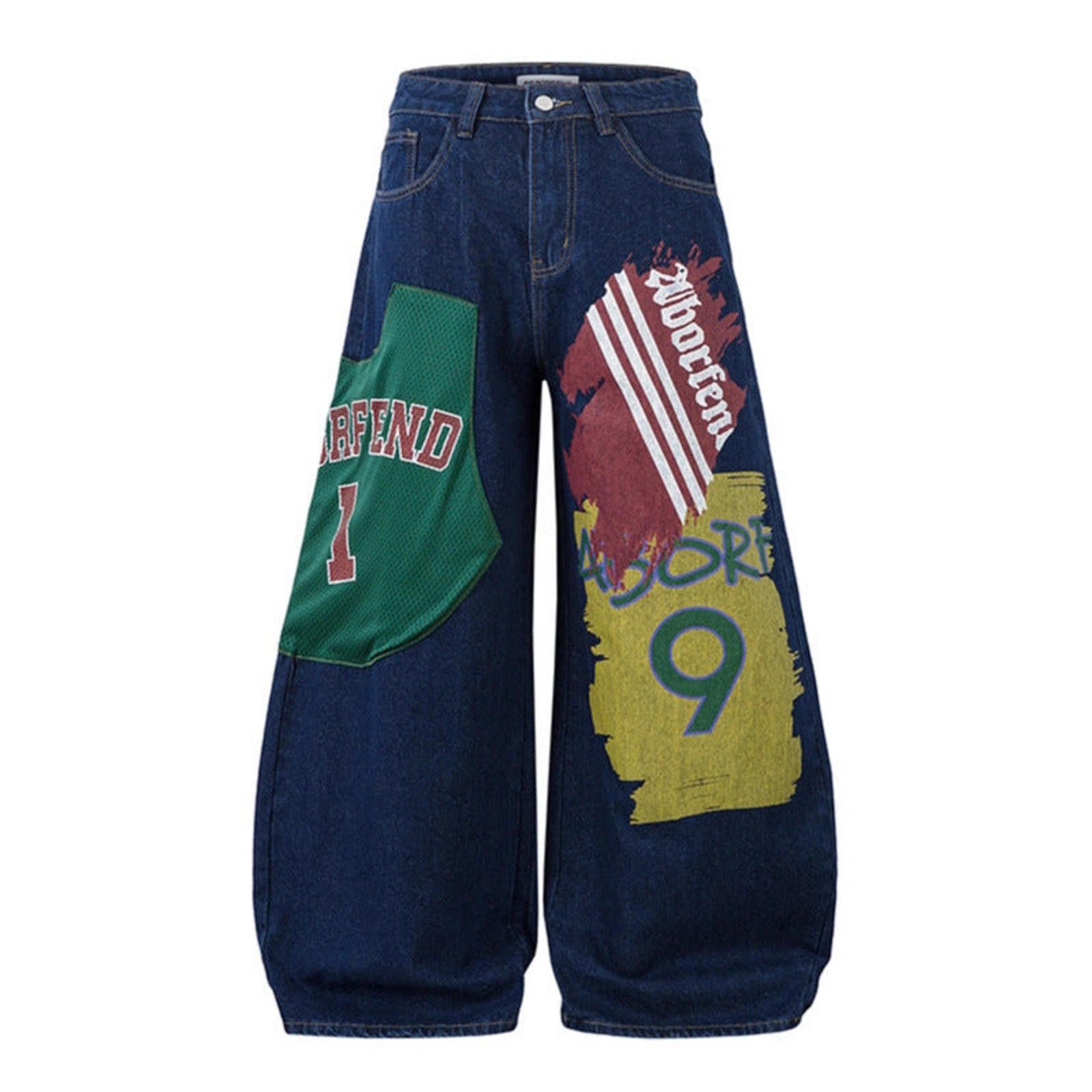 Japanese Brand Blue Wide Leg Barrel Denim Jeans with Graphic Patches Size US 32 / EU 48 - 1 Thumbnail