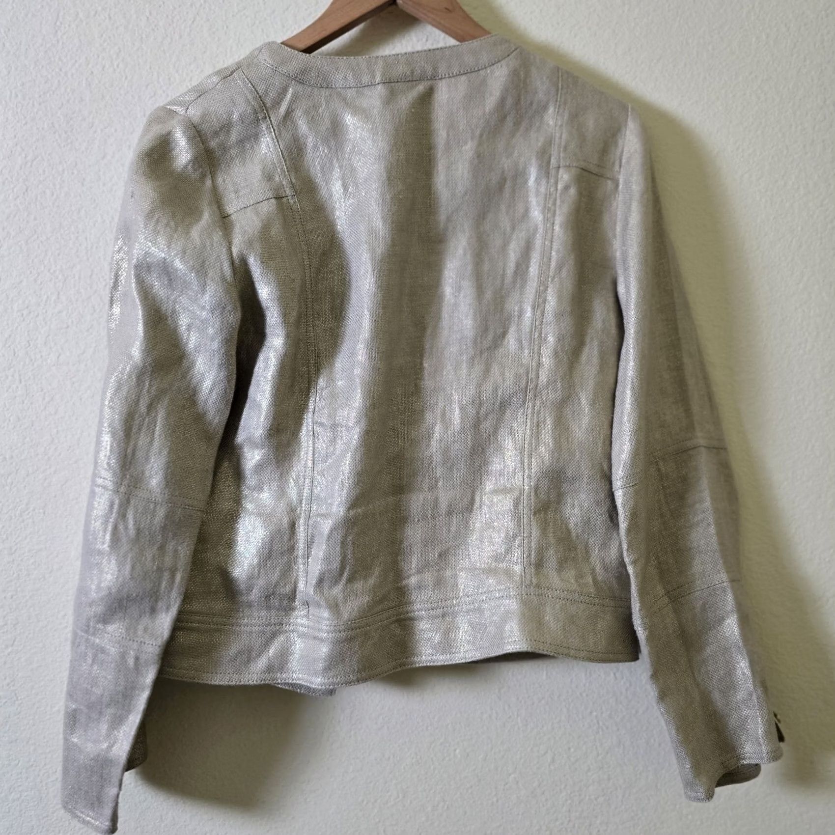 Vintage Chico's Jacket Womens 1 Medium Champagne Gold Metallic Linen Asymmetric Zip Size ONE SIZE - 4 Thumbnail