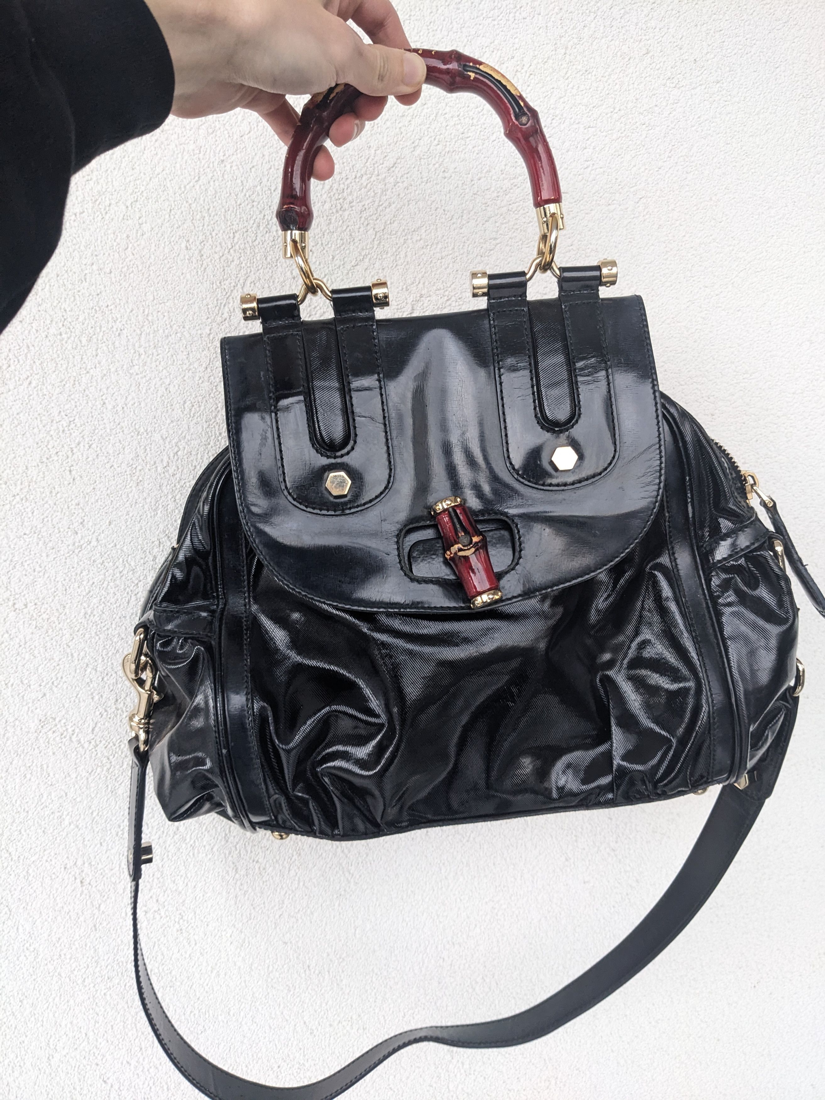 image of Gucci Dialux Pop Bamboo Top Handle Bag 190256 in Black, Women's
