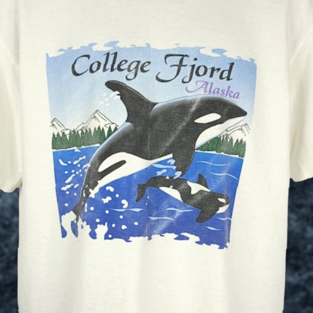 Vintage VINTAGE Killer Whale T Shirt Mens Large 90s College Fjord Alaska Glaciers Ocean Life Orca Navy White Crew Neck Short Sleeve Cotton T-Shirt Mens Size US L / EU 52-54 / 3 - 1 Thumbnail