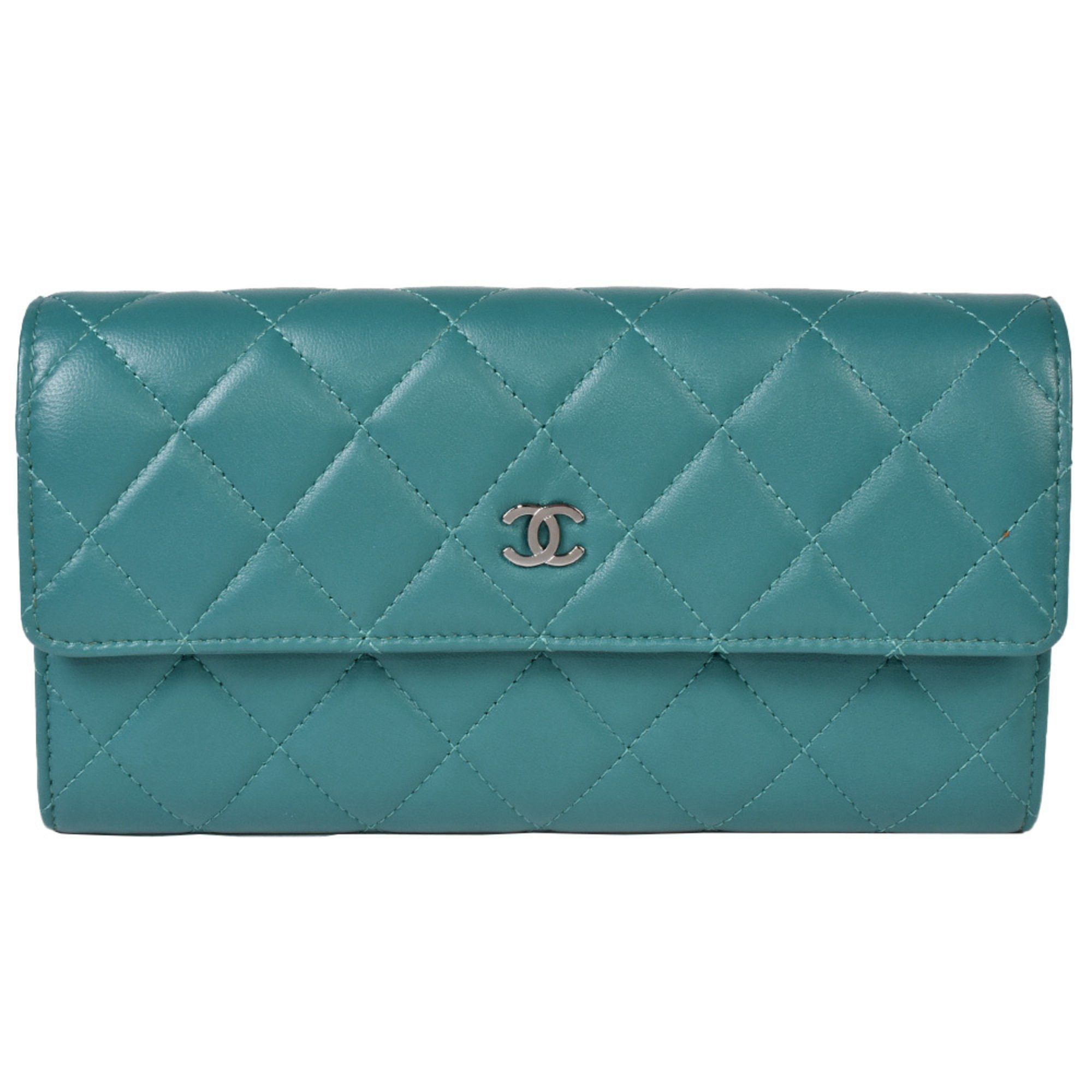 image of Chanel Cocomark Matelasse Long Wallet Bifold Lambskin A50096 Turquoise Blue, Women's