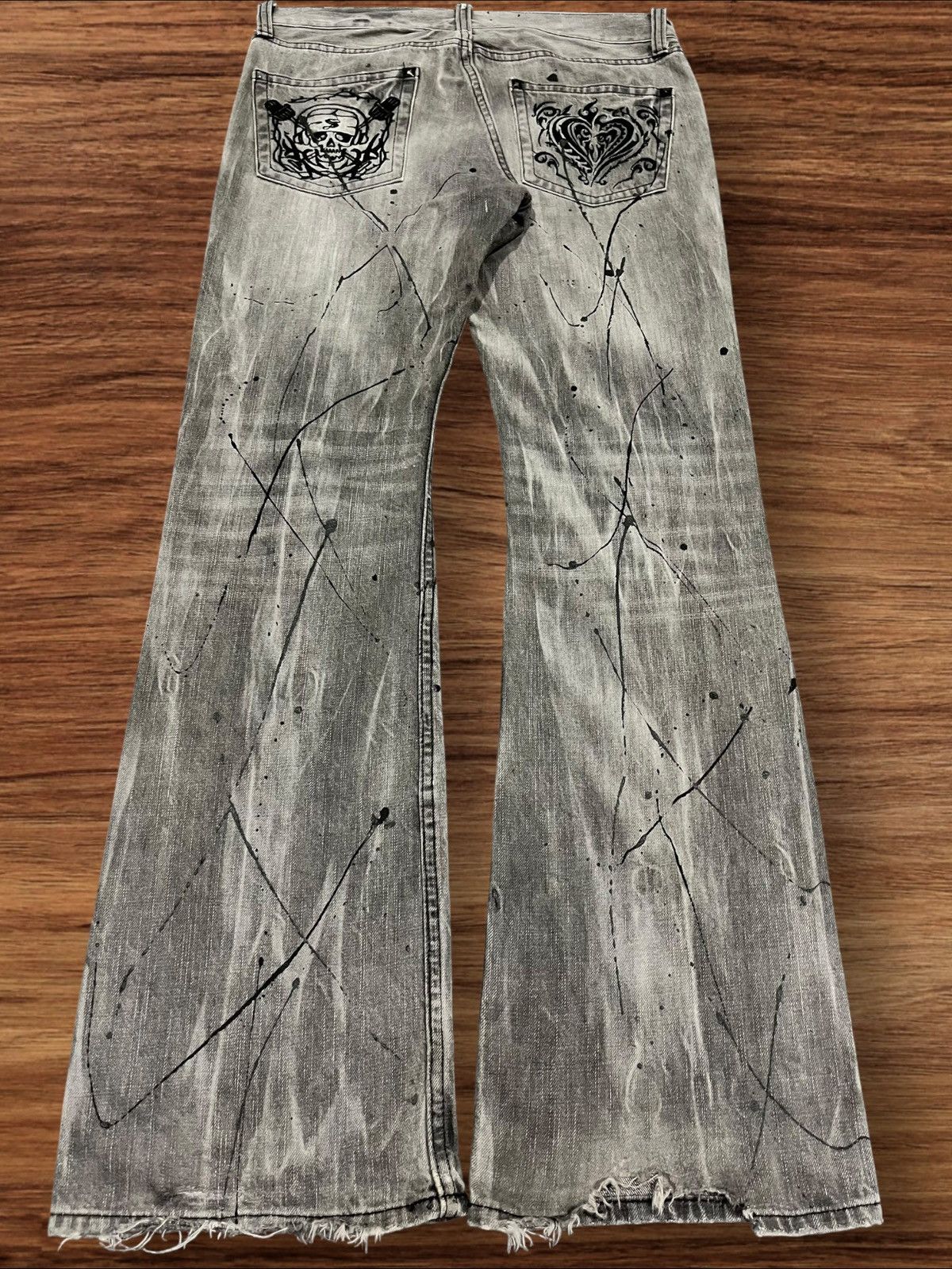 14th Addiction × Japanese Brand × KMRii Sorridere Love and Skull Painted Distressed Flare Jeans Size US 33 - 2 Thumbnail