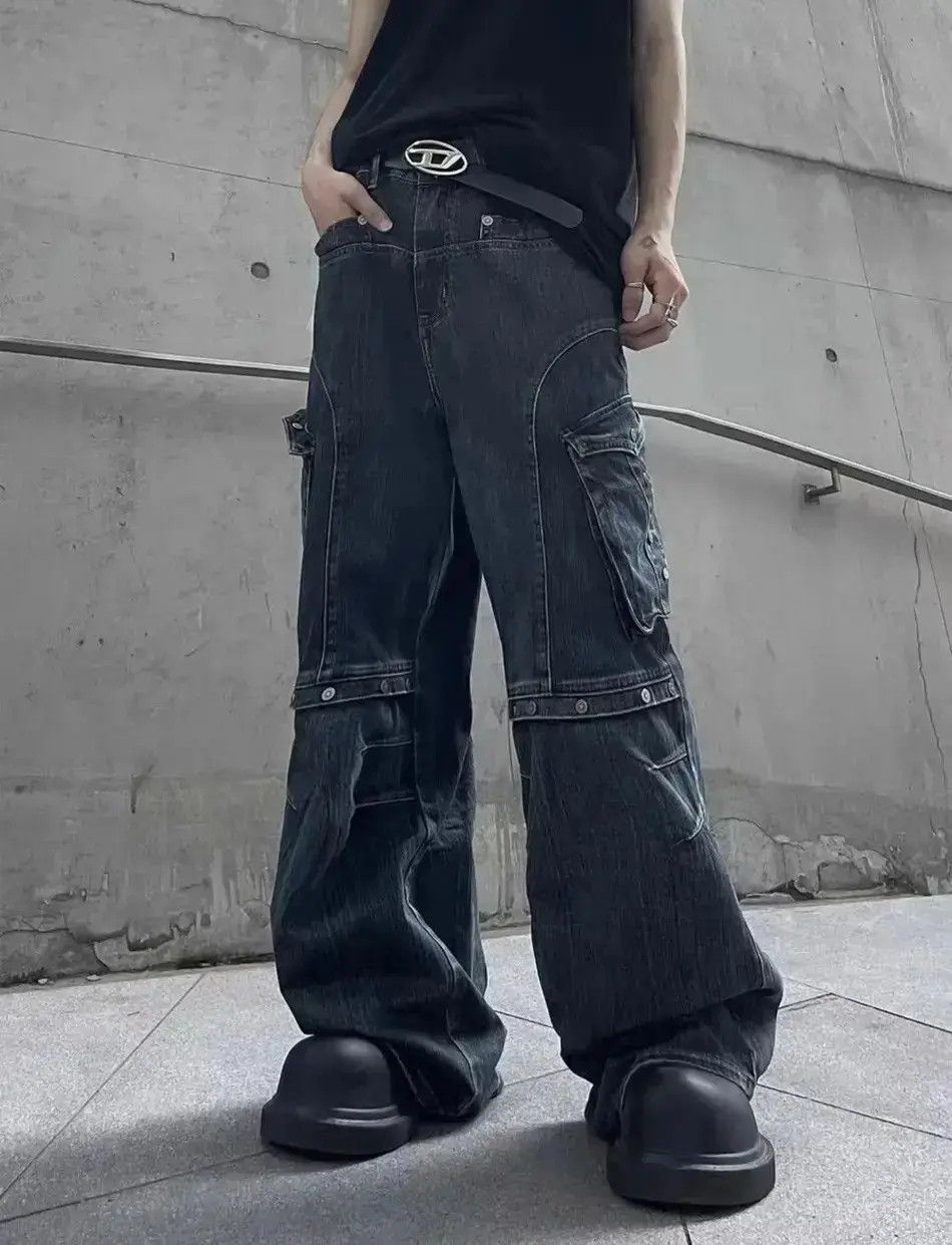 Japanese Brand Retro heavy duty workwear large pocket wide leg cargo jeans Size US 33 - 1 Thumbnail