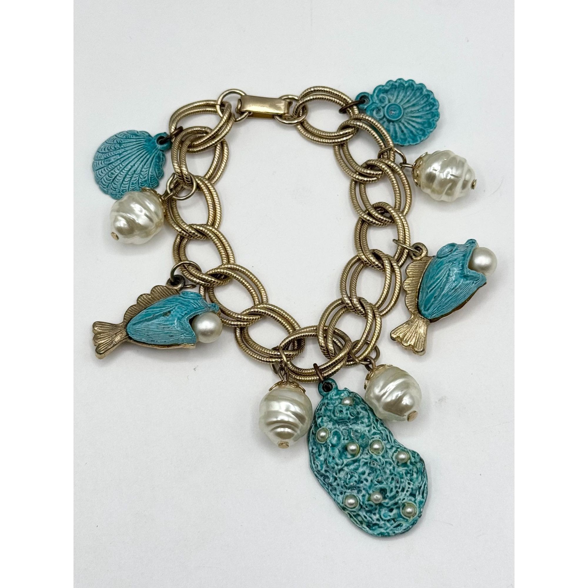 Vintage Vintage Blue Enamel Sea Shell Sea Life Fish Pearl Charm Brac Size ONE SIZE - 4 Thumbnail
